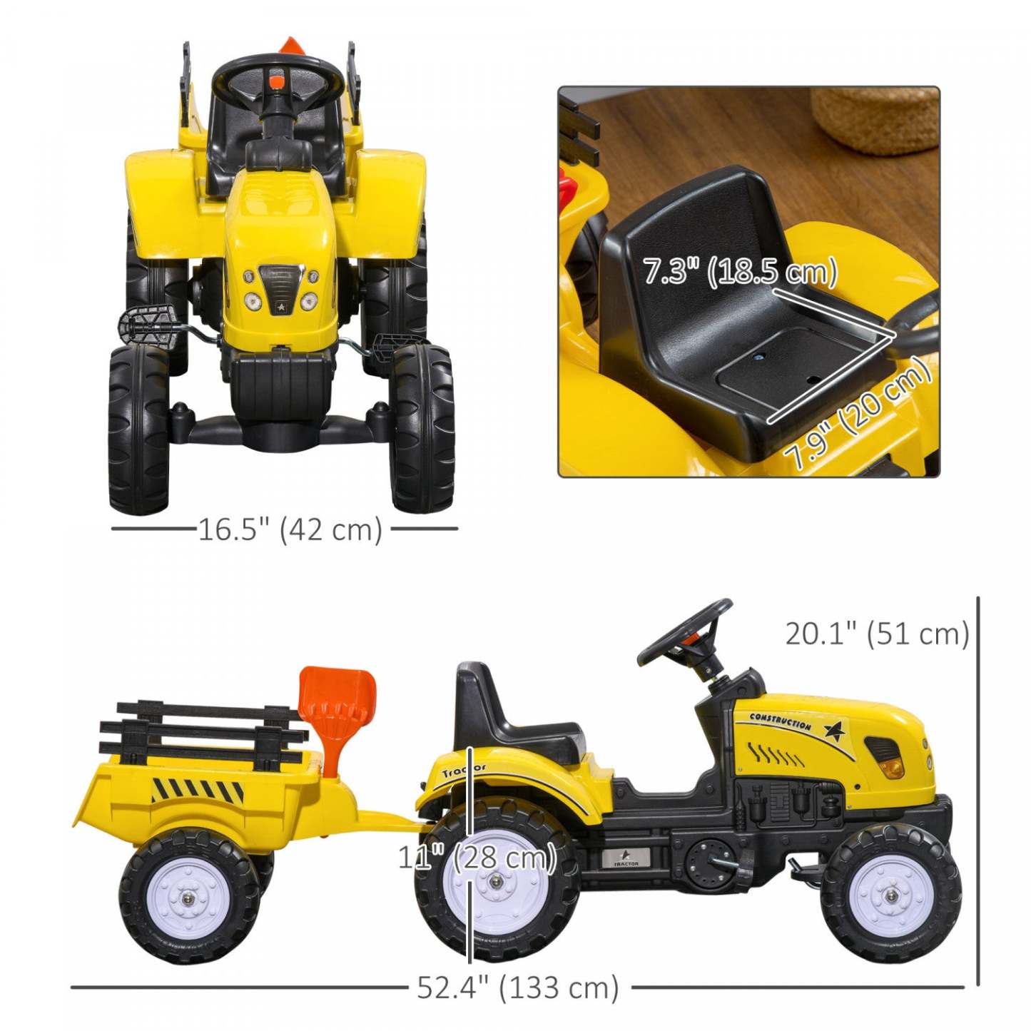 Aosom Tracteur Pour Enfants, Pédale Manuelle, Voiture Avec Remorque De Rangement Arrière, Pelle Et Râteau