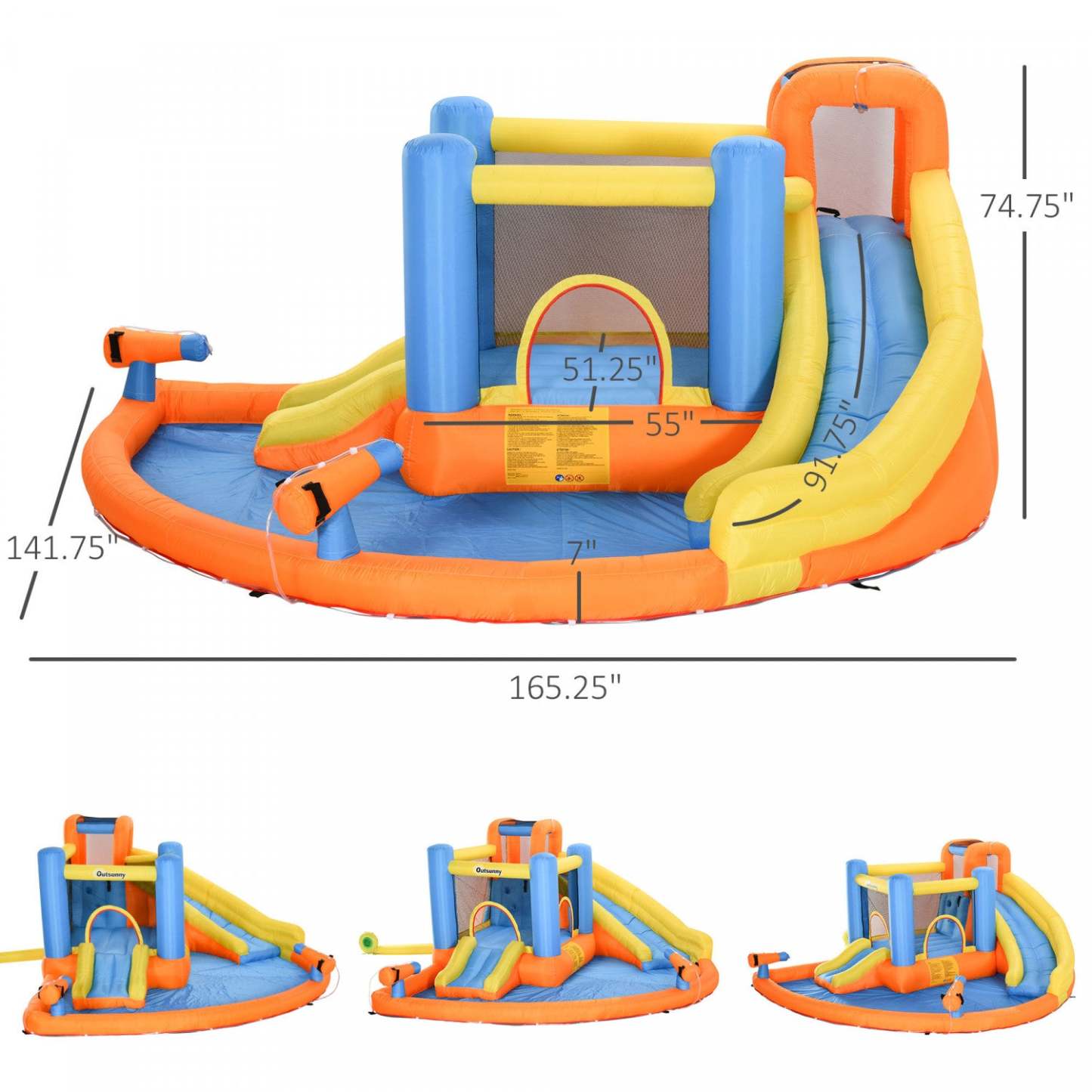 Outsunny 5 En 1 Château Gonflable pour Enfants Maison Gonflable Sauter et Glisser Toboggan Trampoline Mur D'escalade Pistolet À Eau