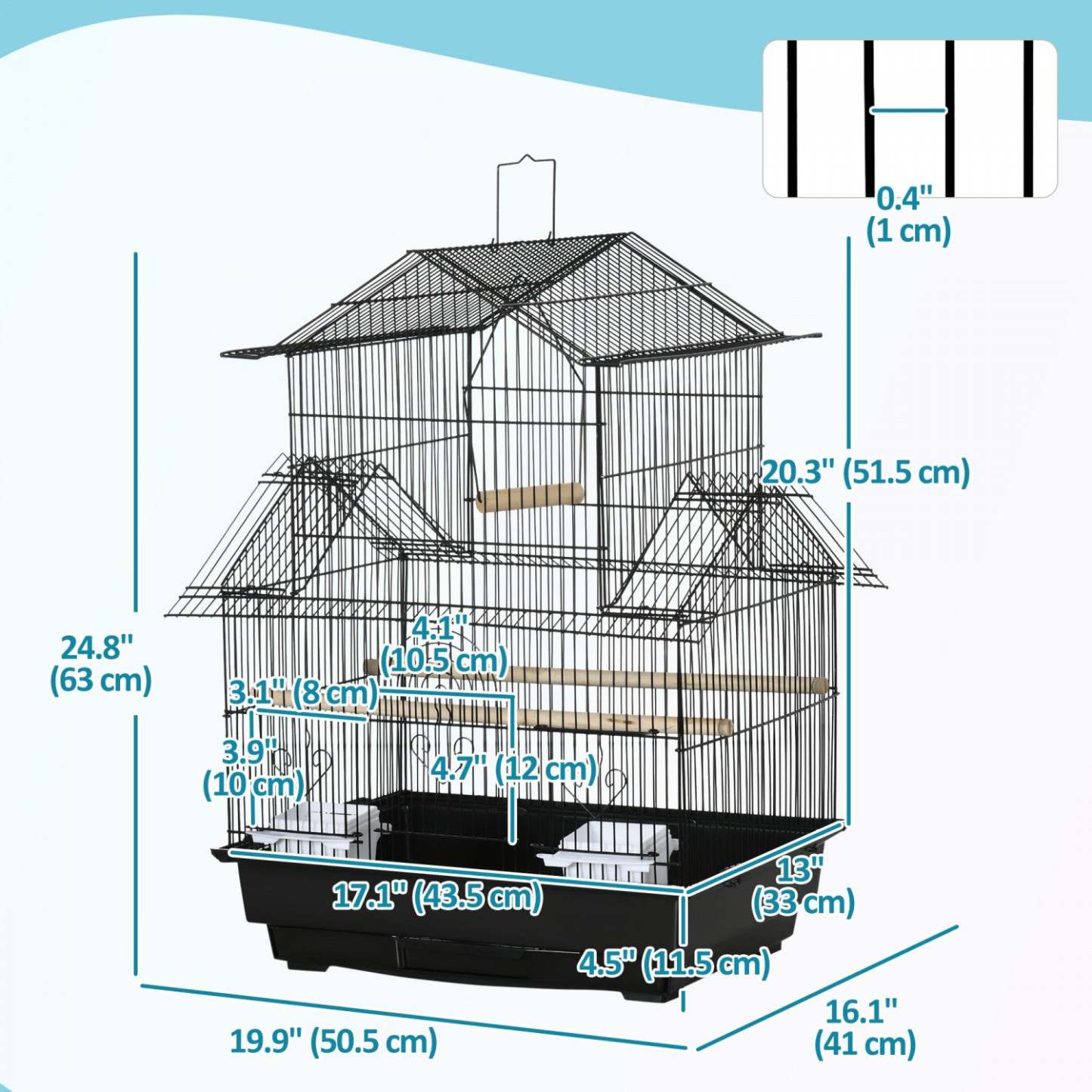 Pawhut 25 Cage à Oiseaux pour Pinsons, Canaris, Perruches, Cage Intérieure pour Perroquet avec Perchoir, Balancelle, Conteneur de Nourriture, Plateau Amovible, Poignée, Noir
