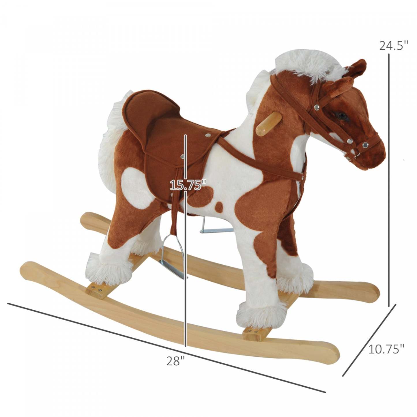 Qaba Kids Cheval à Bascule Jouet Pour Tout-Petit 3 Ans Avec Musique de Comptine et Lumière | Qaba Cheval à Bascule Jouet Peluche Avec Musique Comptine - Marron Clair / Blanc