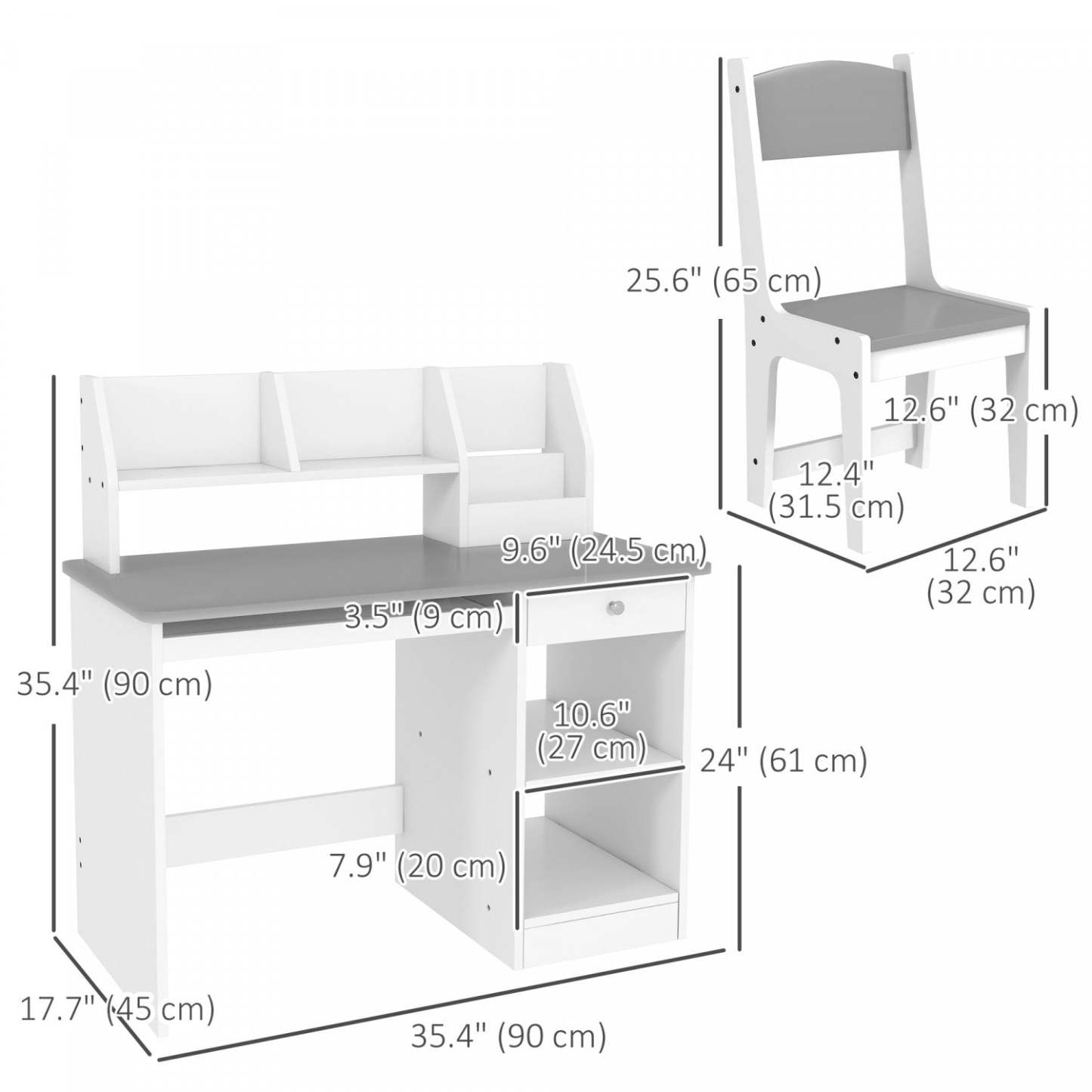 Qaba Ensemble Bureau Et Chaise Pour Enfants De 5 À 8 Ans Avec Rangement, Table D'étude Et Chaise Pour Enfants, Gris