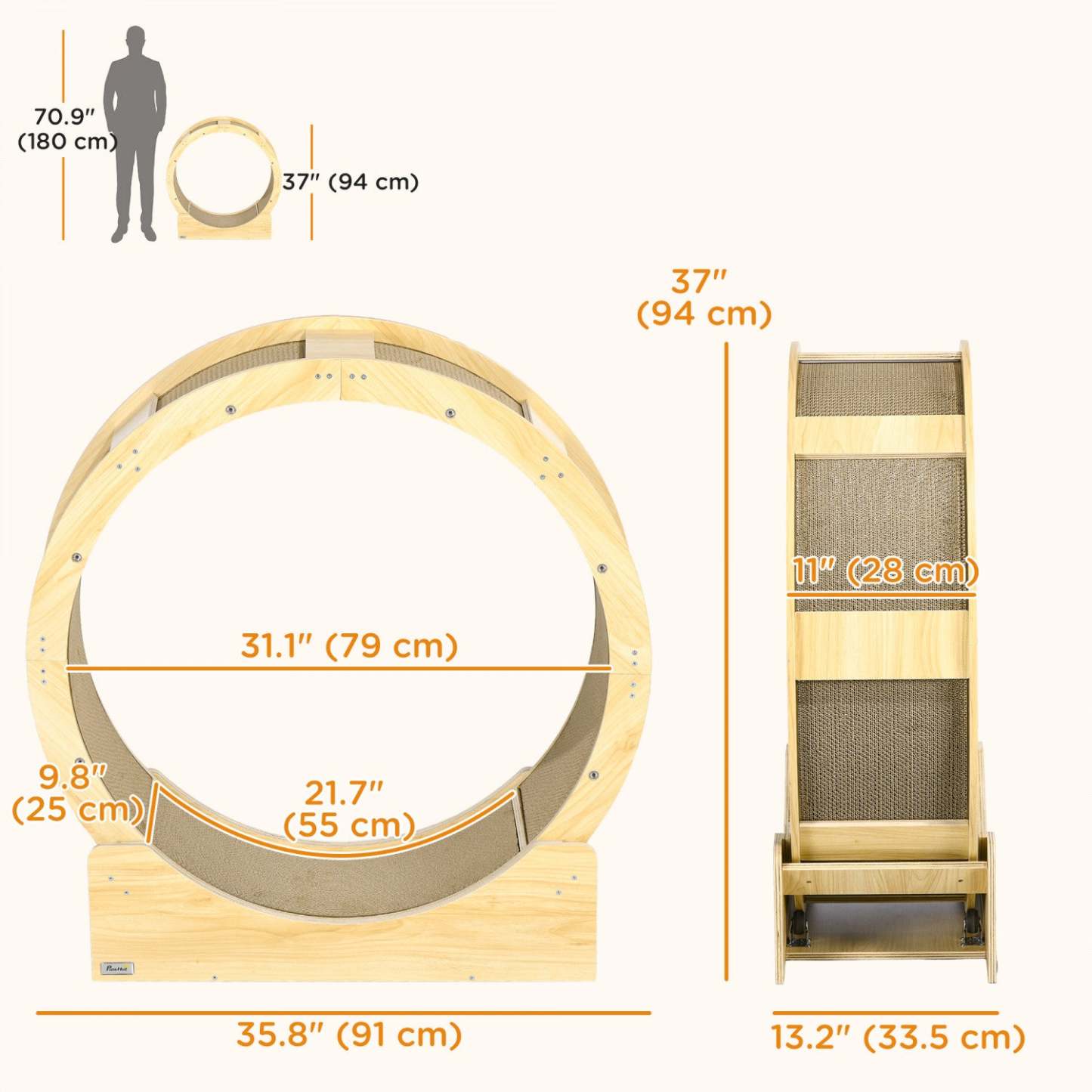 Pawhut 36 Inch Cat Wheel Exerciser Pour Chats d'Intérieur, Tapis de Course pour Chatons avec Piste Tapis et Frein, Jouet de Course pour Chat pour Fitness & Santé, Chêne