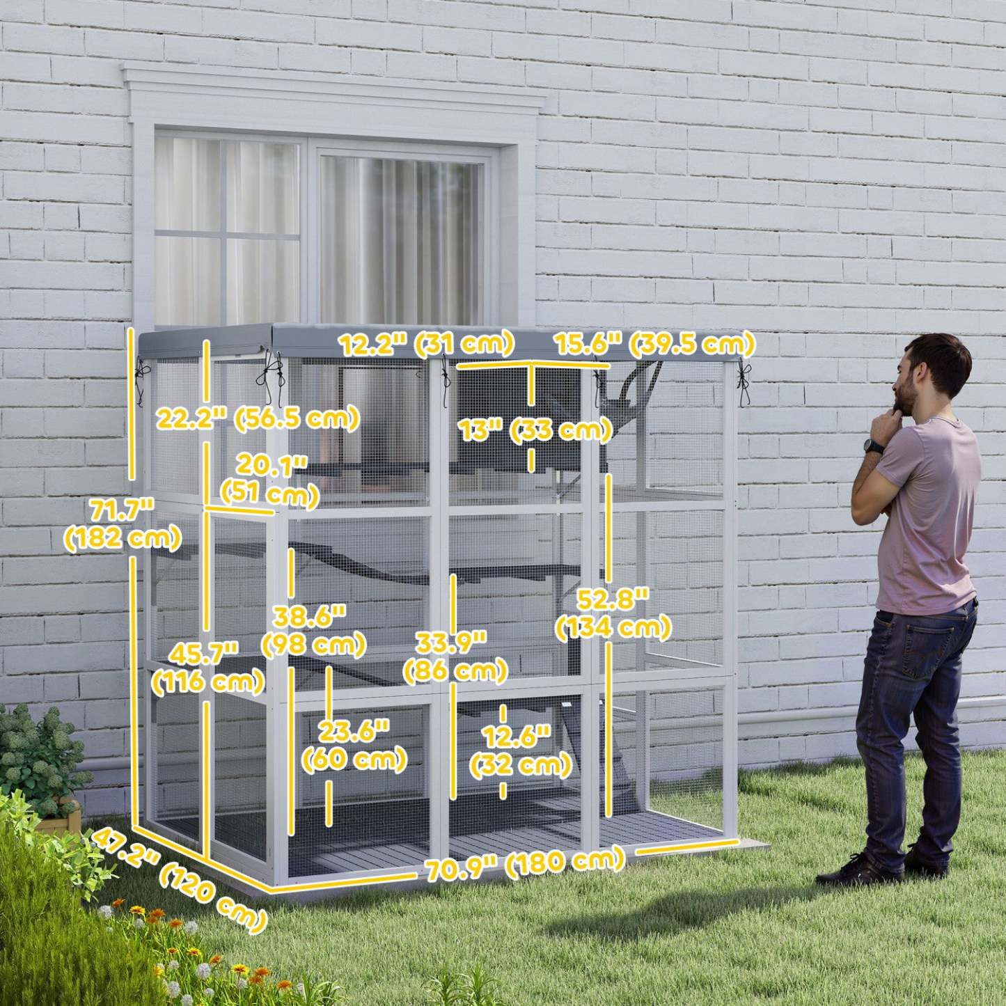 Catio extérieur pour chats Pawhut, 71 grande maison en bois pour chats avec toile imperméable, cage pour chat avec hamac, condo, plateformes, échelles, rampes, pour 2-4 chatons, gris