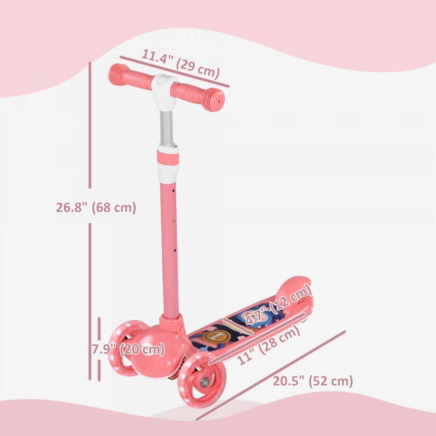 Trottinette Qaba Kids, trottinette à 3 roues pour tout-petits avec hauteur réglable en 3 niveaux, frein à garde-boue arrière, lumière LED, guidon en TPE, pour garçons et filles de 2 à 6 ans, rose