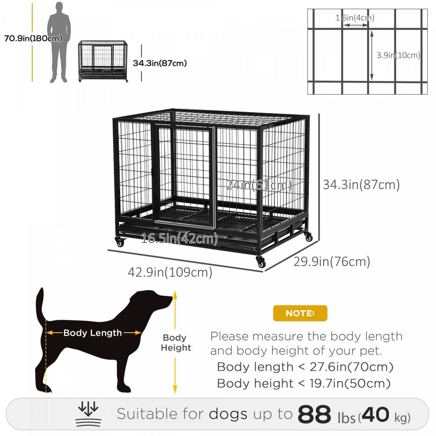Pawhut Cage Pour Chiens De Grande Taille Avec Deux Portes, Roues Verrouillables, Plateau Amovible|Pawhut Cage Pour Chiens De Taille Moyenne Avec Deux Portes, Plateau A Roulettes Verrouillable, 42.9