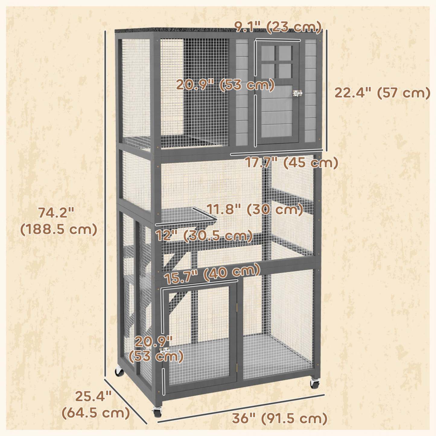 Pawhut Maison D'extérieur En Bois Pour Chat De 74, Résistante Aux Intempéries Et À Roulettes, Enclos Pour Chat En Extérieur Avec Haute We