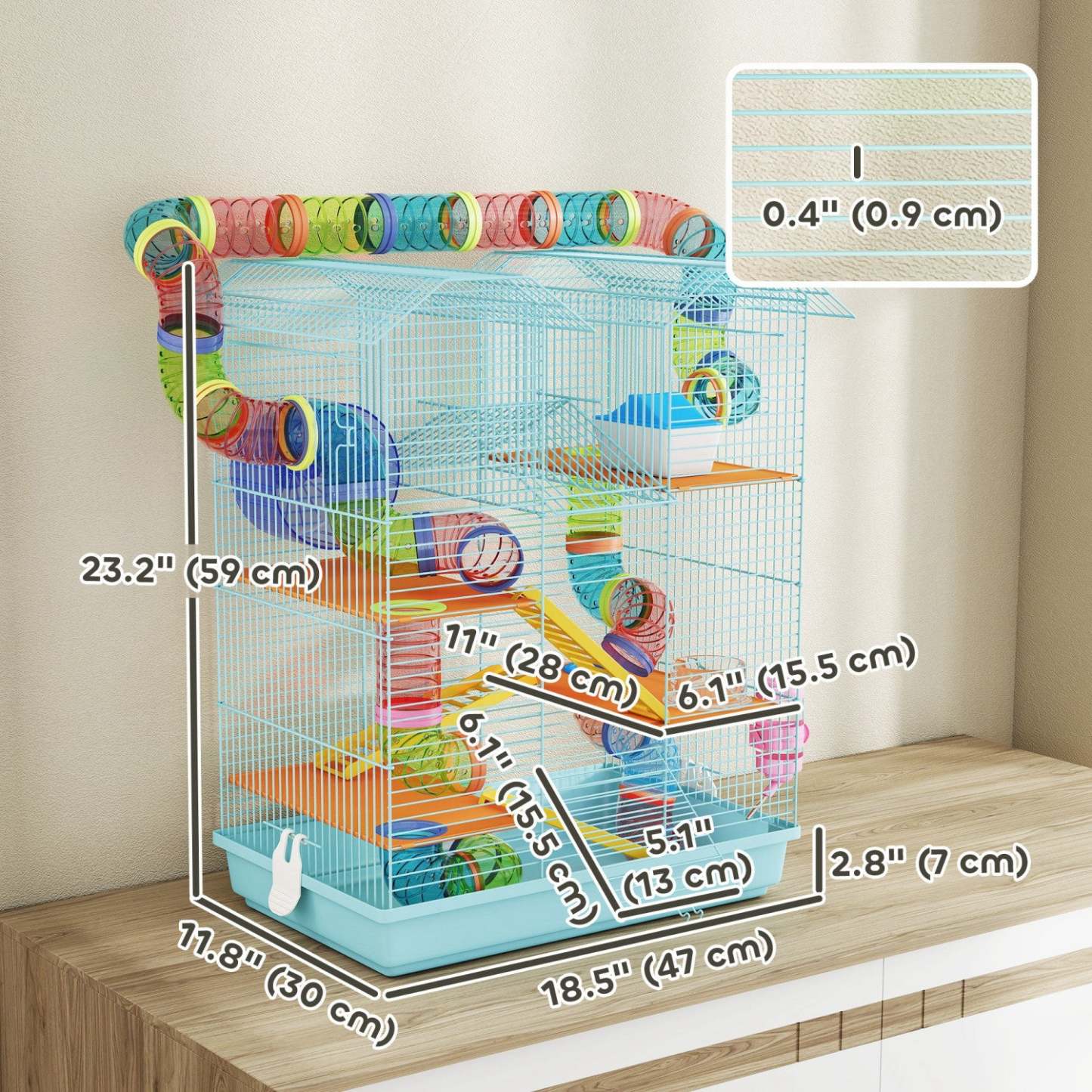 Pawhut 18.5 Cage à Hamster, Maison pour Petit Animal à 5 Niveaux avec Système de Tube de Tunnel, Roue d'Exercice, Bouteille d'Eau, Gamelle, Rampe, Bleu Clair