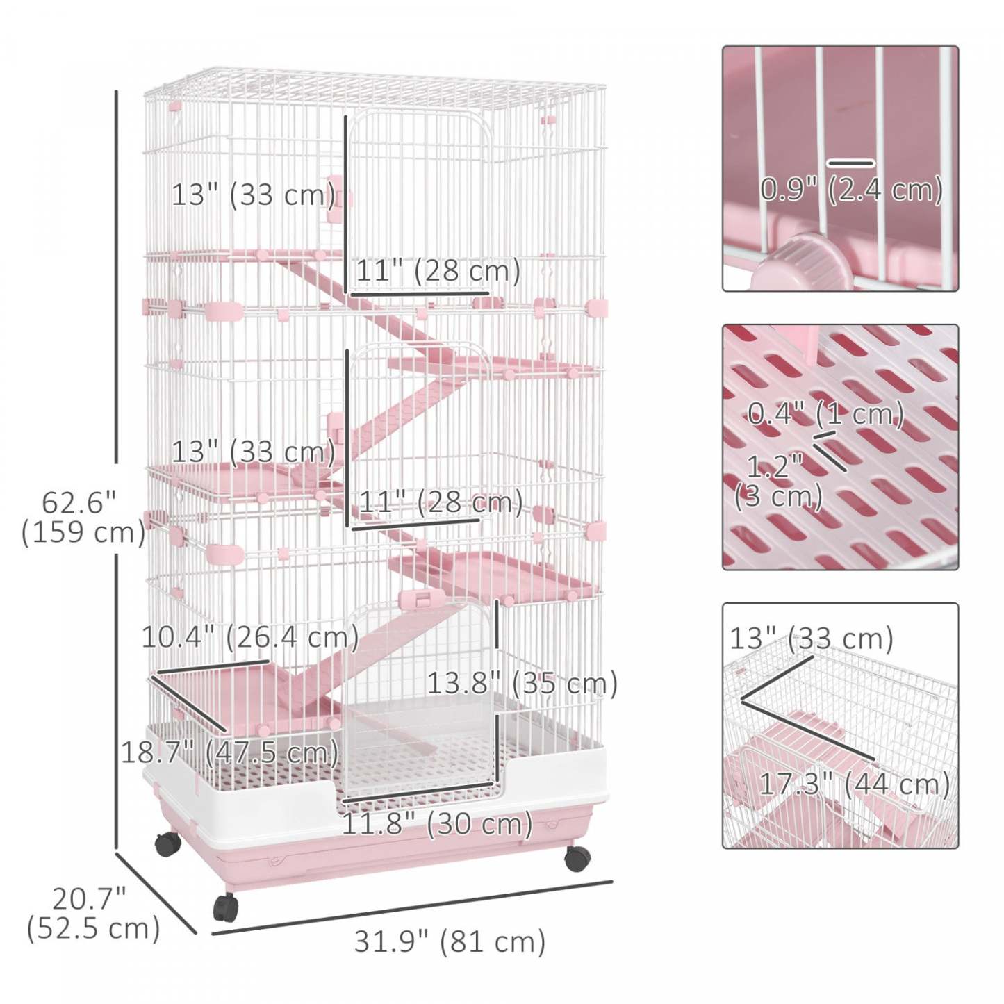Pawhut 63h 6 niveaux Cage pour Petits Animaux avec Roues Universelles Bloquables, Plateau Amovible Fo|Pawhut Cage Pour Petits Animaux 60 Avec Roulettes, Cage À Lapin Portable À 6 Niveaux, Cage À Furet