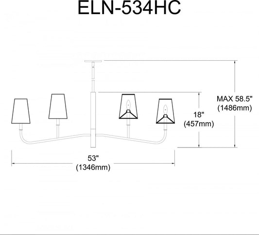 Dainolite Eleanor 4 Light Horizontal Chandelier Matte Black White Shades Lamp|Lustre horizontal Eleanor de Dainolite avec abat-jour blancs, fini noir mat et 4 ampoules