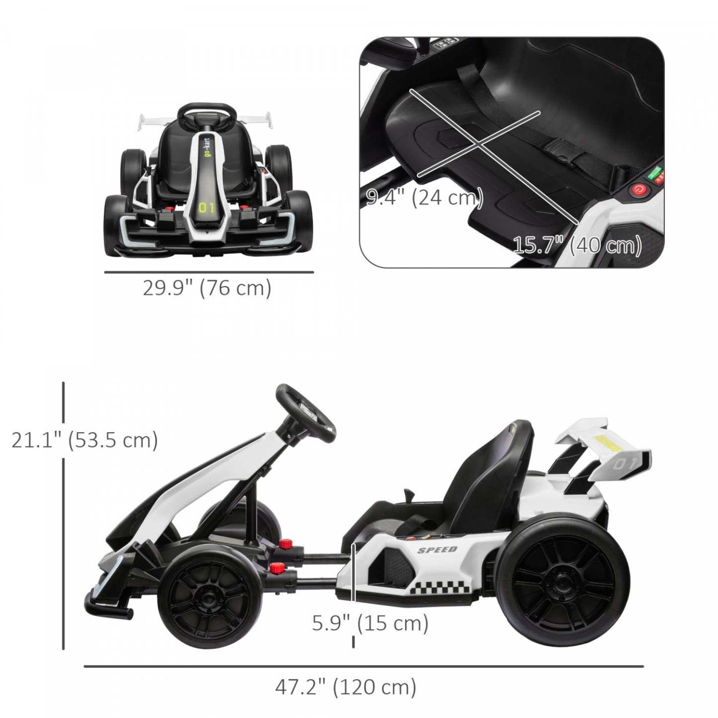Aosom Go Kart, kart à dérapage électrique 24v pour enfants avec siège réglable, démarrage lent, ceinture de sécurité, klaxon, musique, lumière, véhicule à batterie pour enfants de 6 à 12 ans, blanc