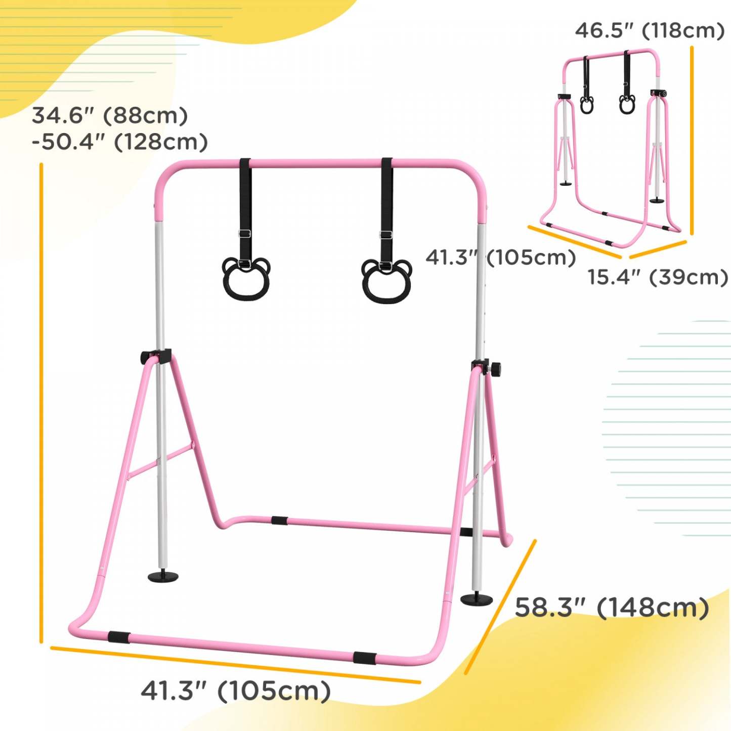 Barre de gymnastique Qaba pour enfants, hauteur réglable de 35 à 50, barre horizontale pliable avec anneaux de gymnastique, anneaux de sol en caoutchouc antidérapants, pour équipement d'entraînement à domicile, rose