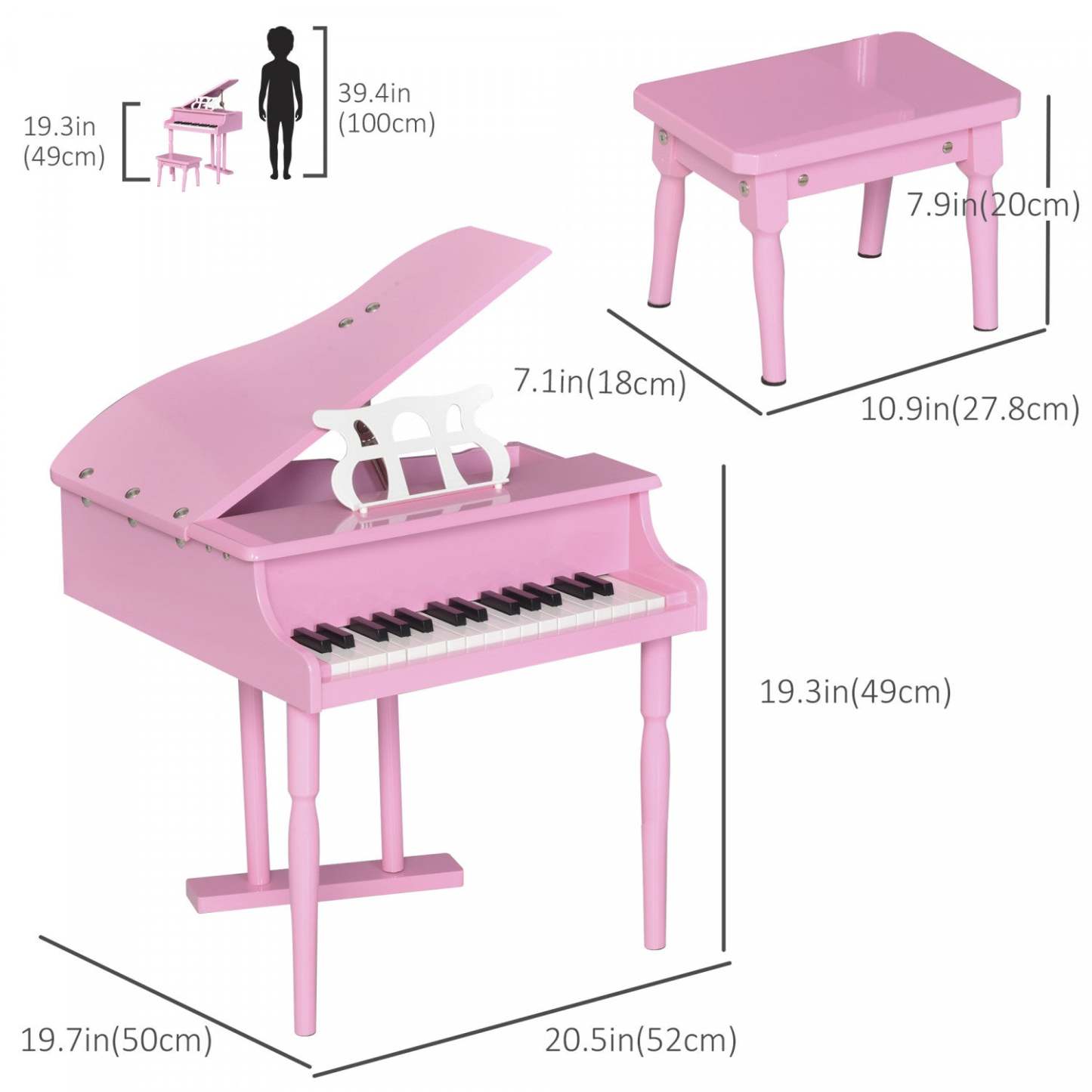 Homcom Piano Moderne Pour Enfants, 30 Touches, Ensemble De 2, Mini Jouet Pour Enfant, Piano À Queue Avec Pupitre Et Be