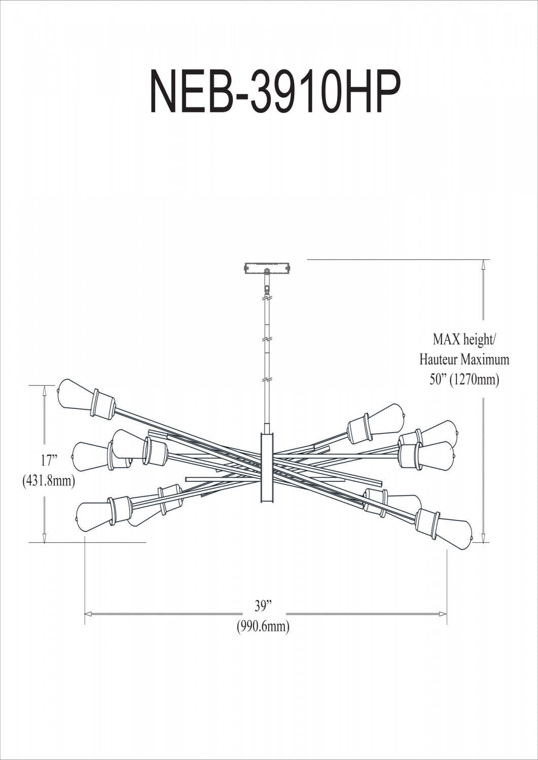 Dainolite Nebraska 10 Lumière Suspension Horizontale Finition Chrome Bruni Lampe|Luminaire suspendu horizontal Nebraska de Dainolite avec fini chromé poli et 10 ampoules