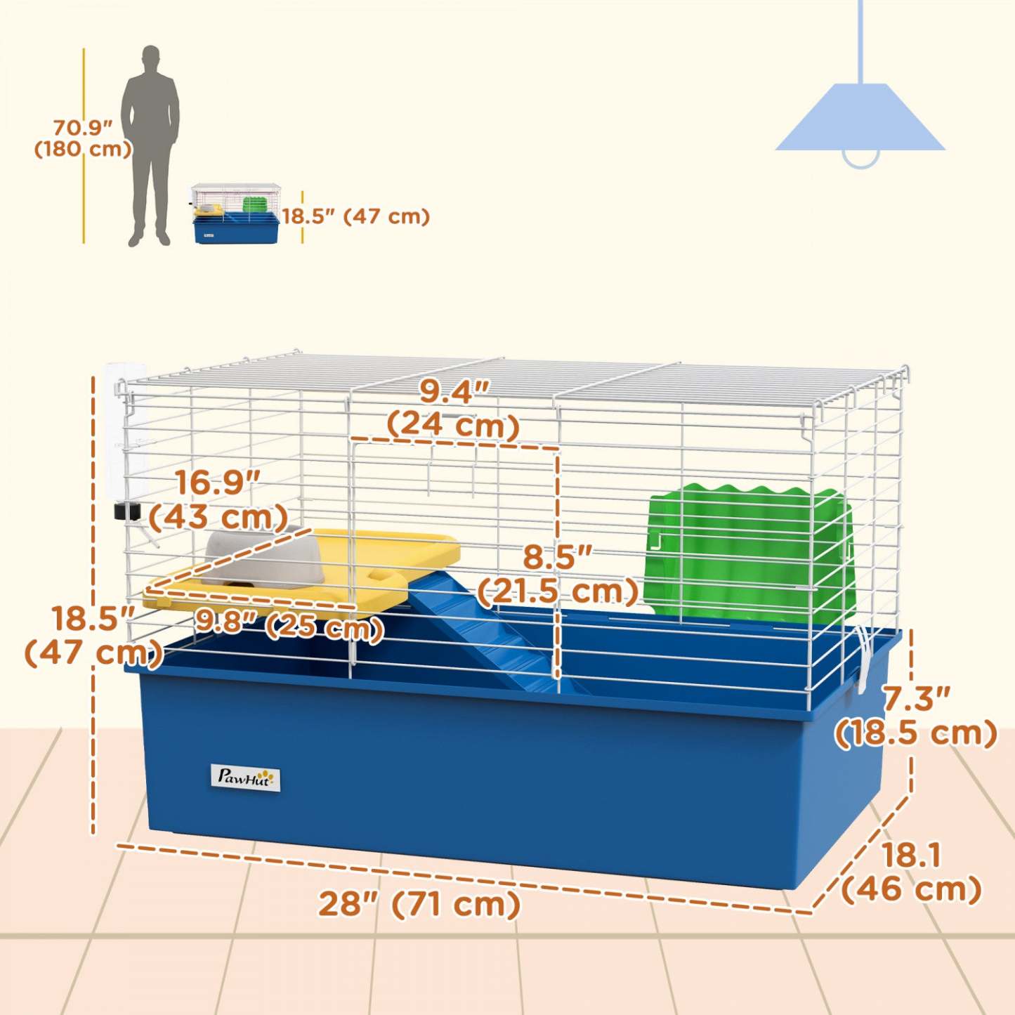 Pawhut 28 L Cage à Lapin, Grande Cage à Cobaye Cage pour Petit Animal avec Bouteille d'Eau, Plat, Plateforme, Rampe, Pour Furet, Chinchilla, Bleu