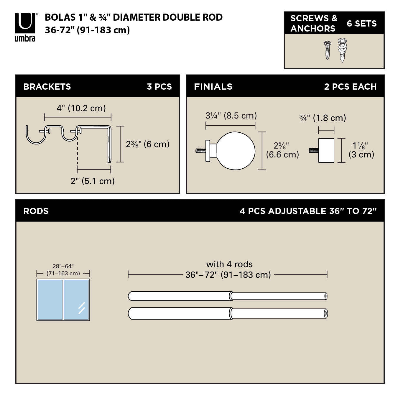 Umbra Tringle à rideau extensible double 1 et 3/4 Bolas en nickel - 36-72 | Tringle à rideaux extensible double Bolas de Umbra nickel de 1 po et de 3/4 po - 36 po à 72 po