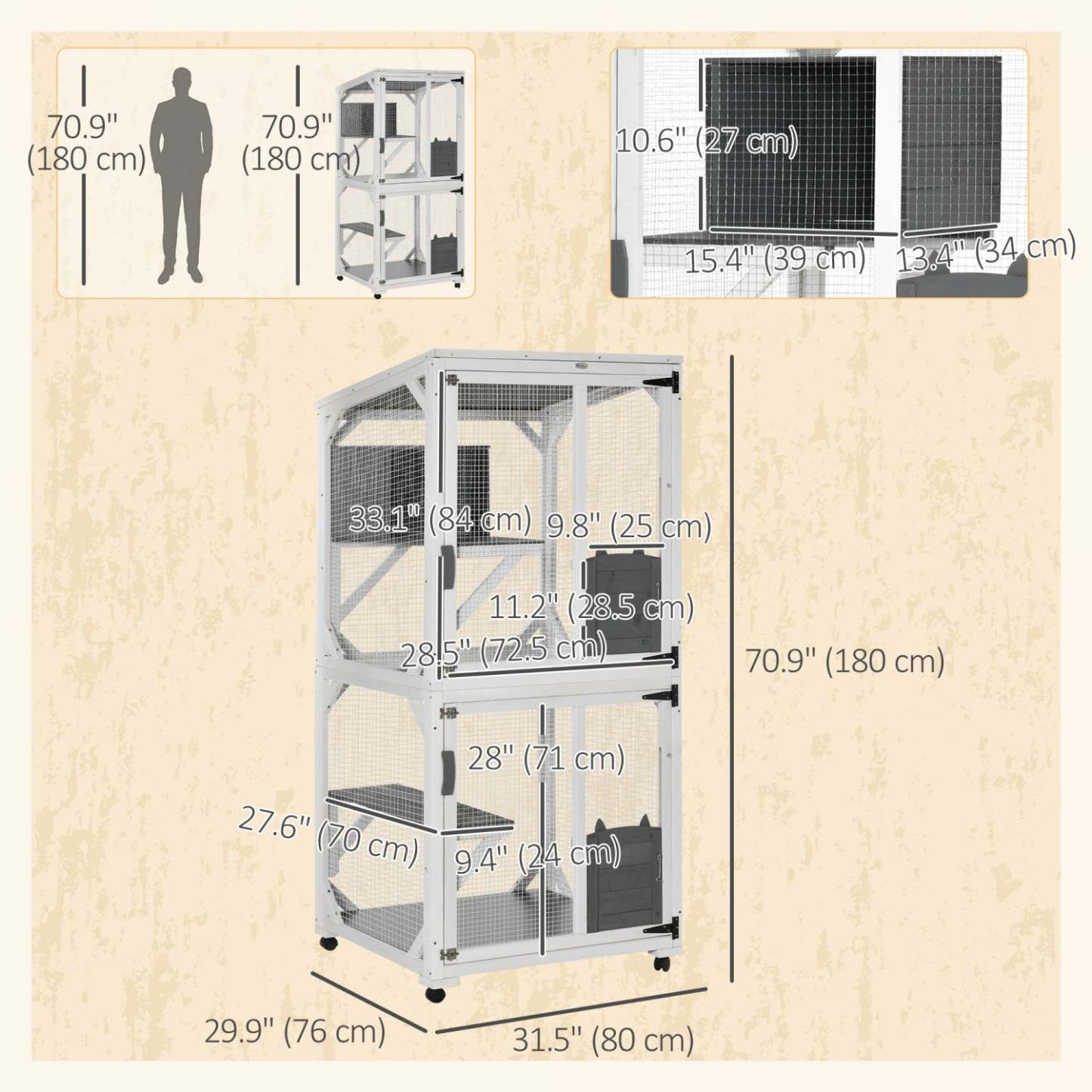 Pawhut Maison Extérieure pour Chats, Grande Enclos en Bois pour Chatons, Design Élevé, Avec Roues, Espace de Repos | Pawhut Cage de Jeu pour Chat, Design Surélevé, Avec Roues, Boîte de Repos, Résistant à l'Eau, Multi-