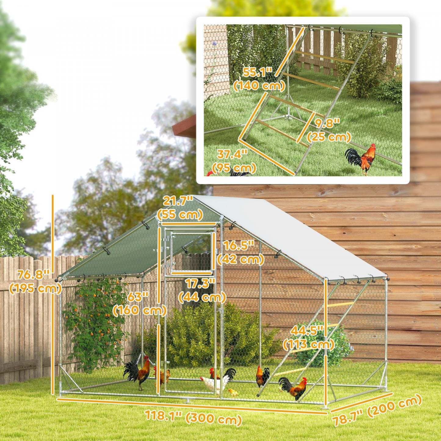 Pawhut Enclos à Poules, Grand Poulailler en Métal avec Porte d'Alimentation, Couverture Imperméable et Résistante aux UV, Mangeoire Suspendue, Perchoir, Cage à Volaille pour Extérieur, Jardin, Ferme, Pour 6-8 Volatiles