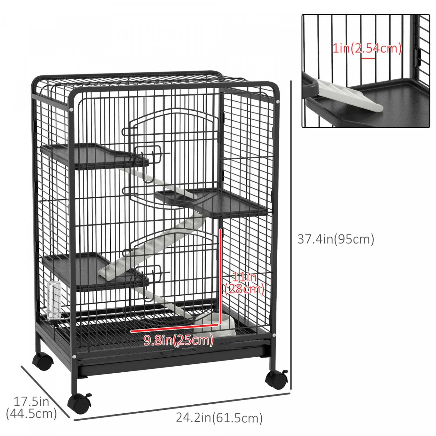 Pawhut Cage Pour Petits Animaux A 4 Niveaux, Parc Pour Lapin Furet Chinchilla Sur Roues Avec Plateau