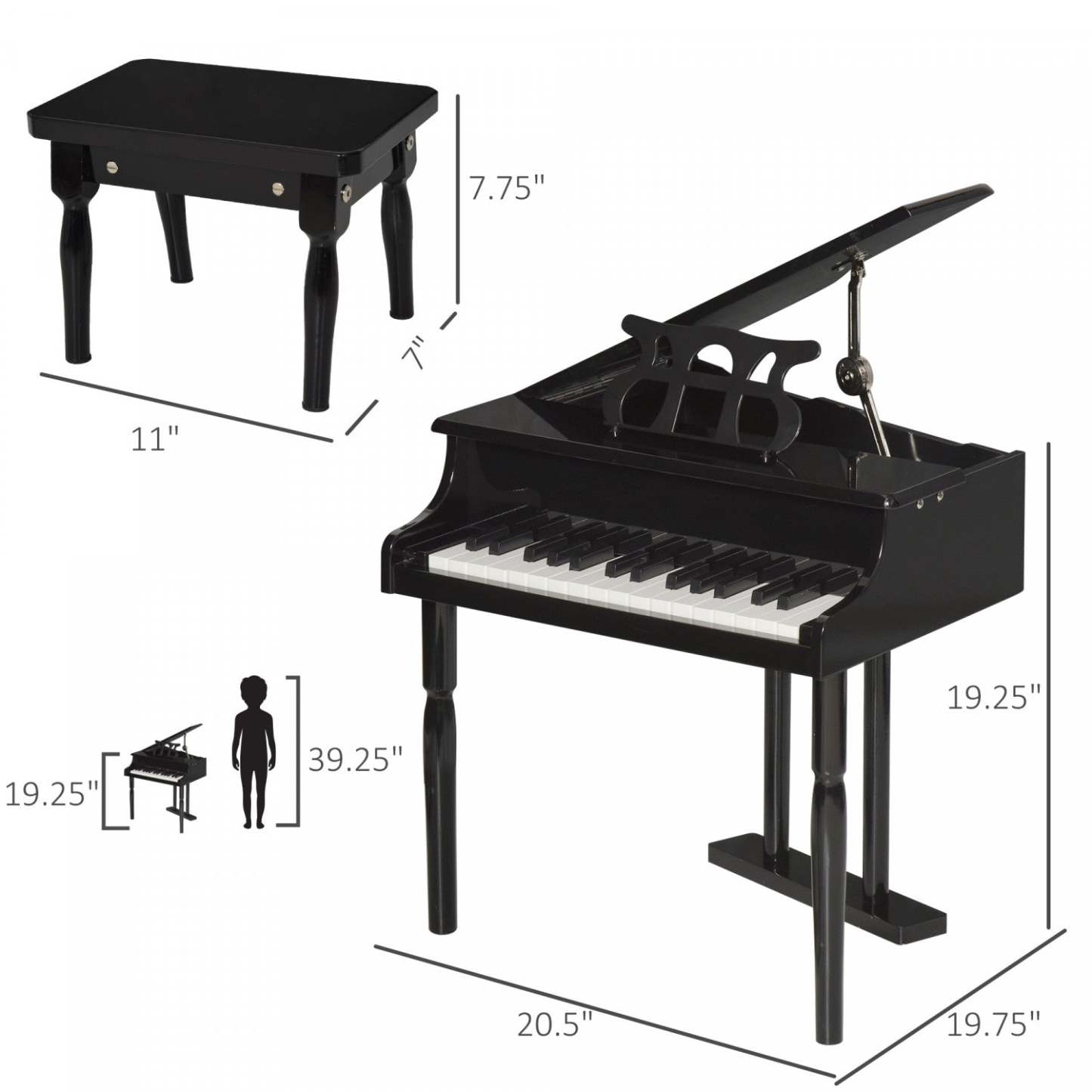 Homcom Moderne Enfants Piano, 30 Touches, Ensemble De 2, Mini Jouet Pour Enfant, Piano À Queue Avec Pupitre
