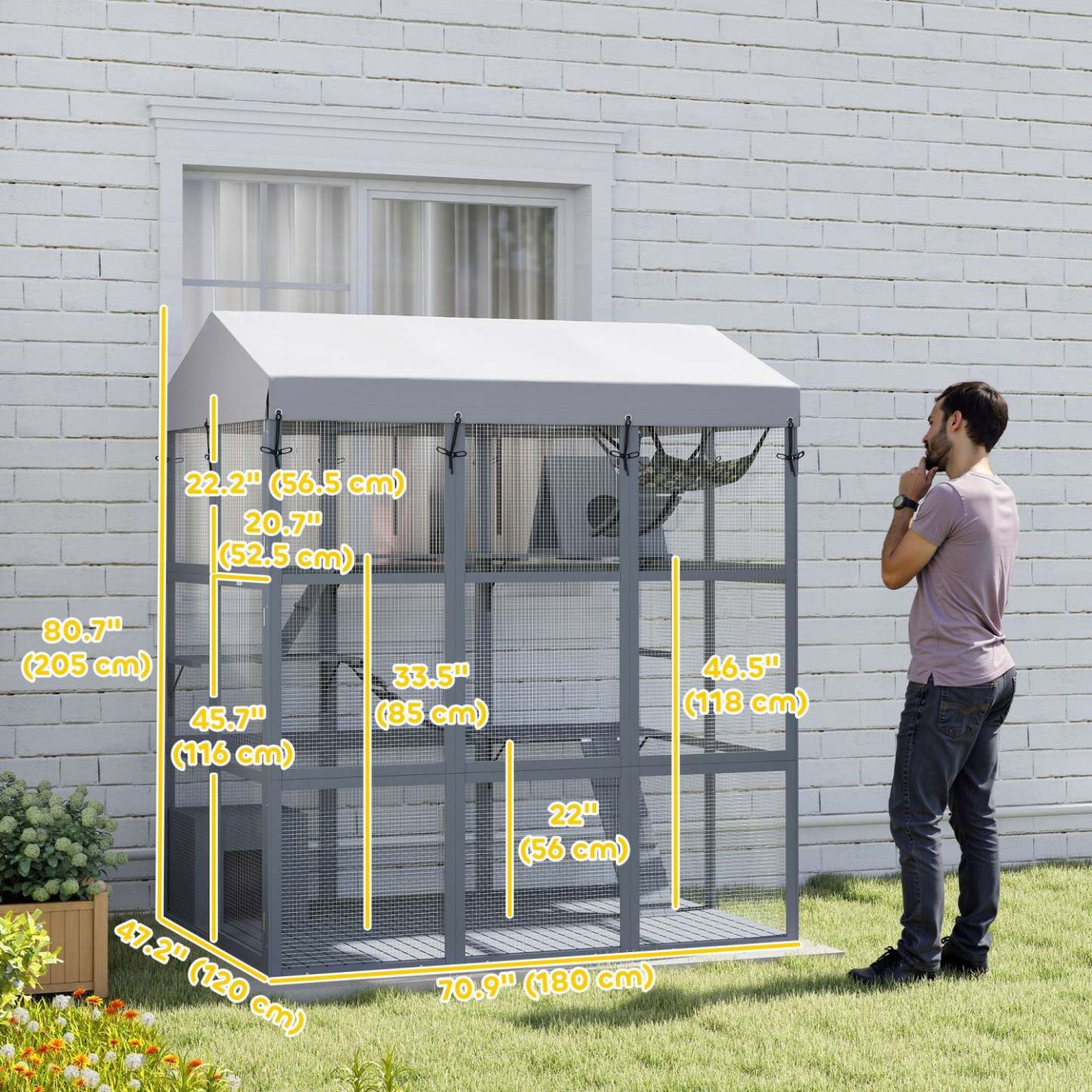 Pawhut Grande Maison pour Chats avec Sol Anti-évasion, 81 H Catio en Bois Enclos Extérieur pour Chats avec Couverture Imperméable, Porte d'Entrée, Condo, Hamac, Rampe, Pont, Pour 2-4 Chats