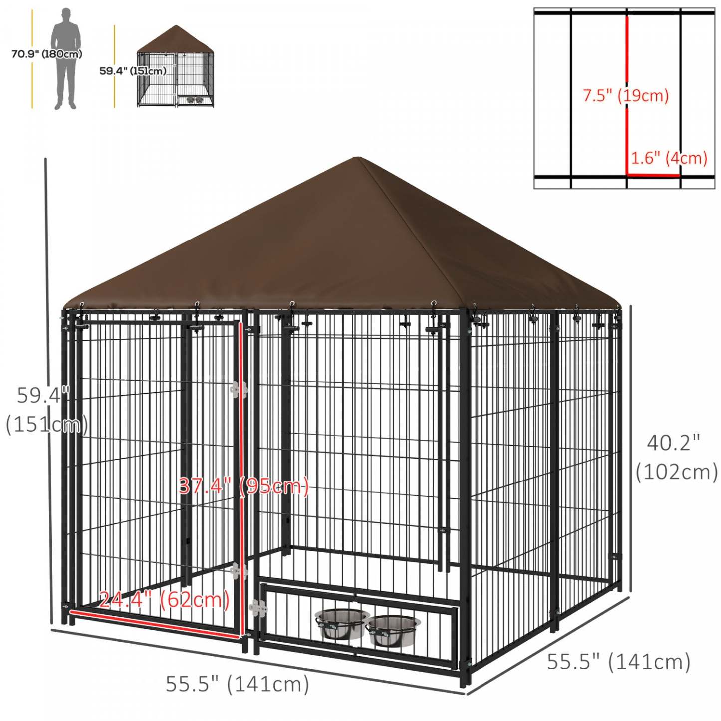 Pawhut Chenil Exterieur Pour Chien De 4.6' X 4.6' X 5' Avec Auvent, Bols Rotatifs, Porte Pour Cour E