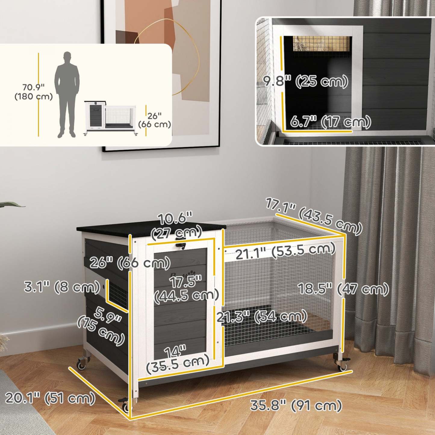 Pawhut Clapier A Lapin En Bois, Cage Pour Cochon D'inde Interieure Et Exterieure Avec Plateau Coulissant, Toit Ouvrable En Asphalte