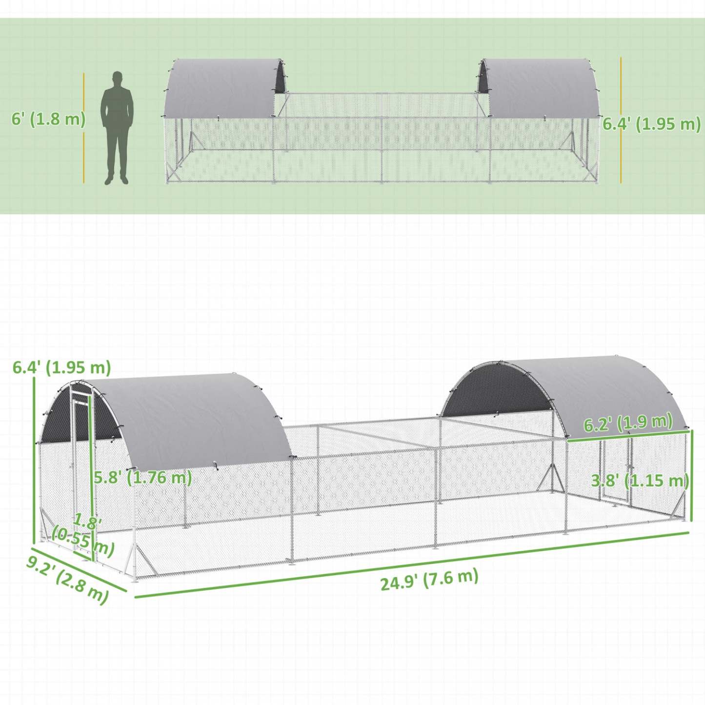 Pawhut Poulailler, Enclos Extérieur Pour Poules, Cage Pour Lapins Avec Couverture Imperméable Et Anti-uv | Pawhut Poulailler En Métal, 24.9' X 9.2' Avec Couverture Imperméable Et Anti-uv, Porte Pour 20-24 Po