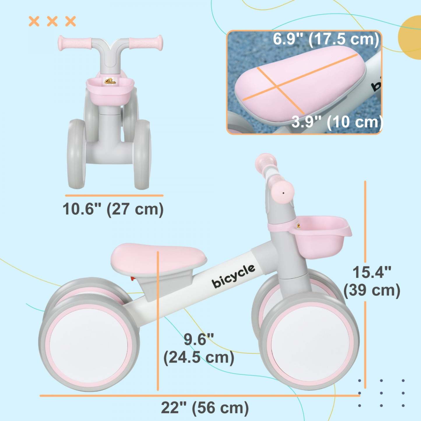 Qaba Baby Balance Bike, vélo d'équilibre pour tout-petits de 12 à 36 mois avec siège réglable, panier amovible, 4 roues silencieuses, vélo sans pédales pour garçons et filles, rose