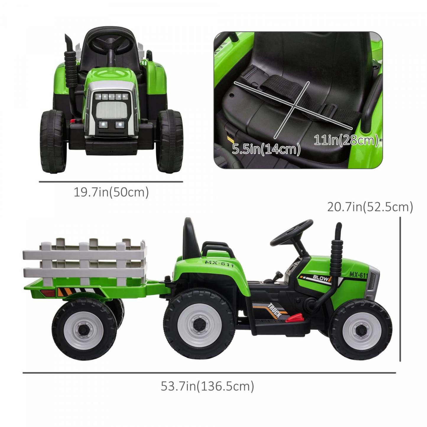 Aosom Tracteur Pour Enfants 12 V Avec Remorque, Tracteur Électrique Alimenté Par Batterie Avec Télécommande