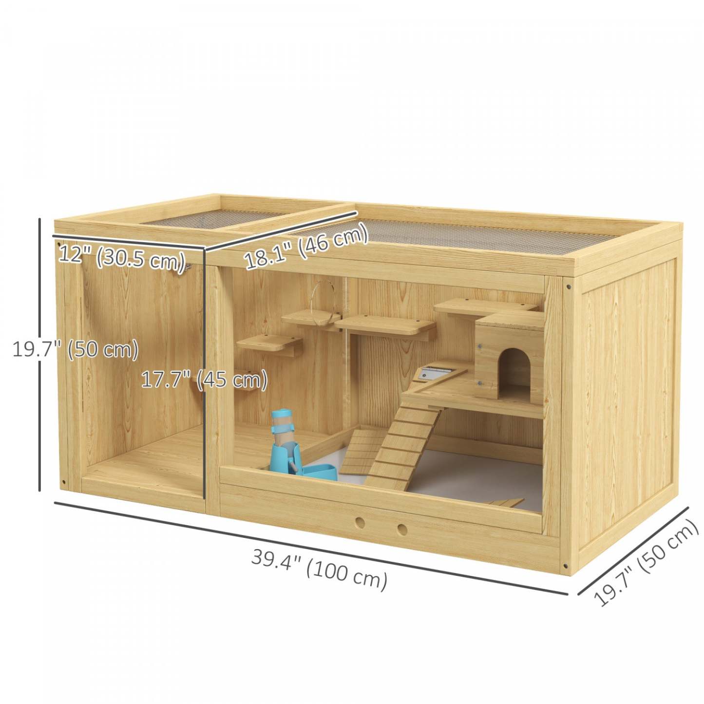 Cage en bois Pawhut pour hamster, cage à souris multi-niveaux avec tiroir coulissant, balançoires, bouteille d'eau, échelle, habitats pour petits animaux pour hamster nain, gerbille
