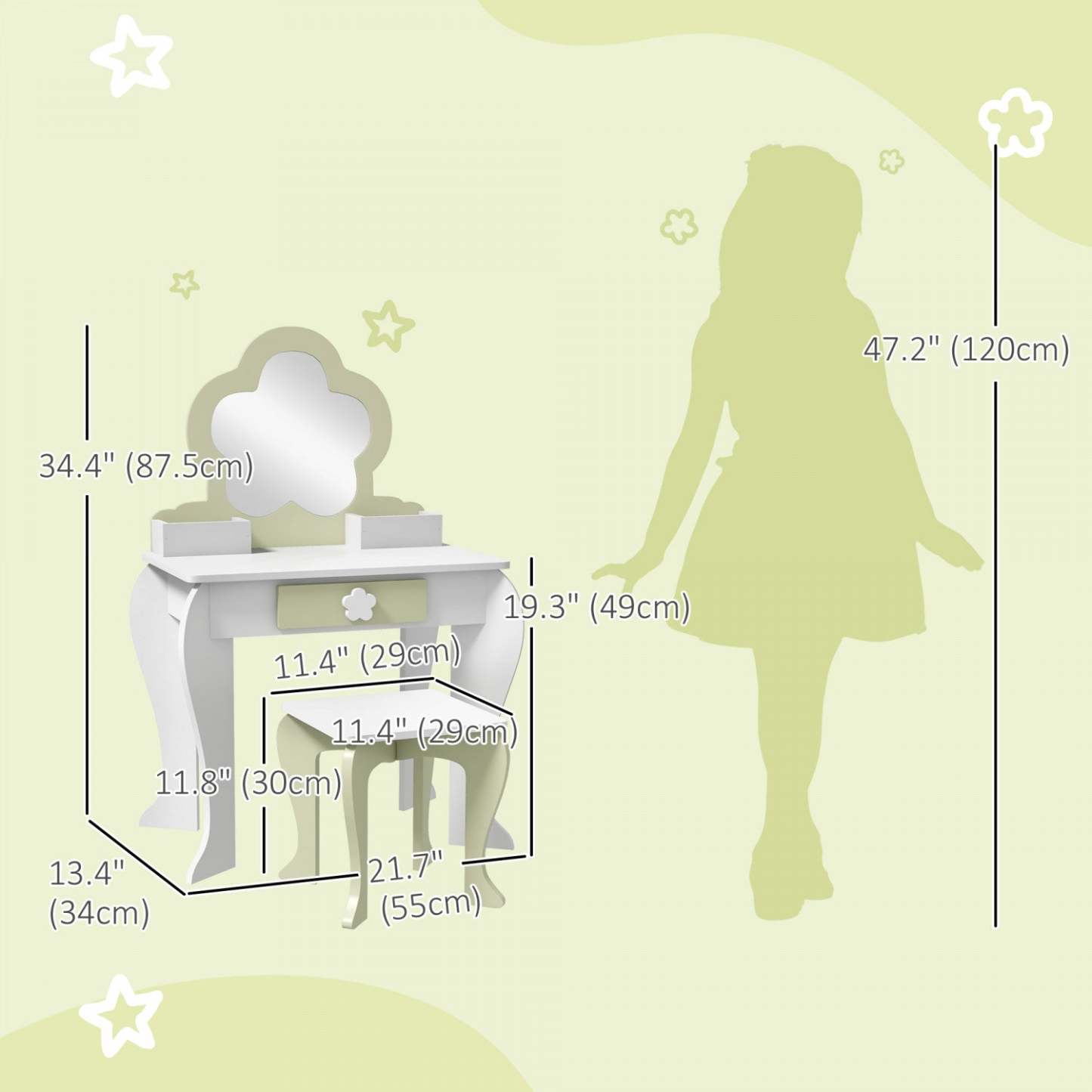 Qaba Coiffeuse Pour Enfants Avec Miroir Et Tabouret, Coiffeuse Pour Filles Avec Tiroir, Boites De Ra