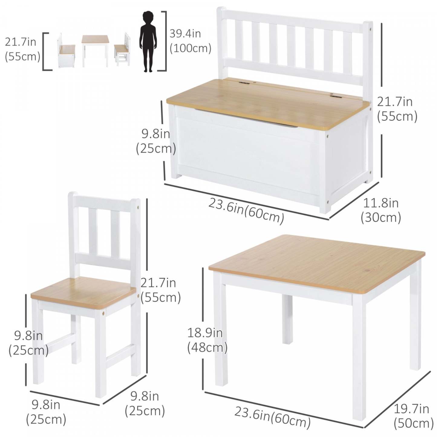 Qaba Ensemble De 4 Pièces Table Chaise Banc En Bois Pour Enfants Avec Fonction De Rangement, Facile À Nettoyer Cadeau Pour Filles Garçons