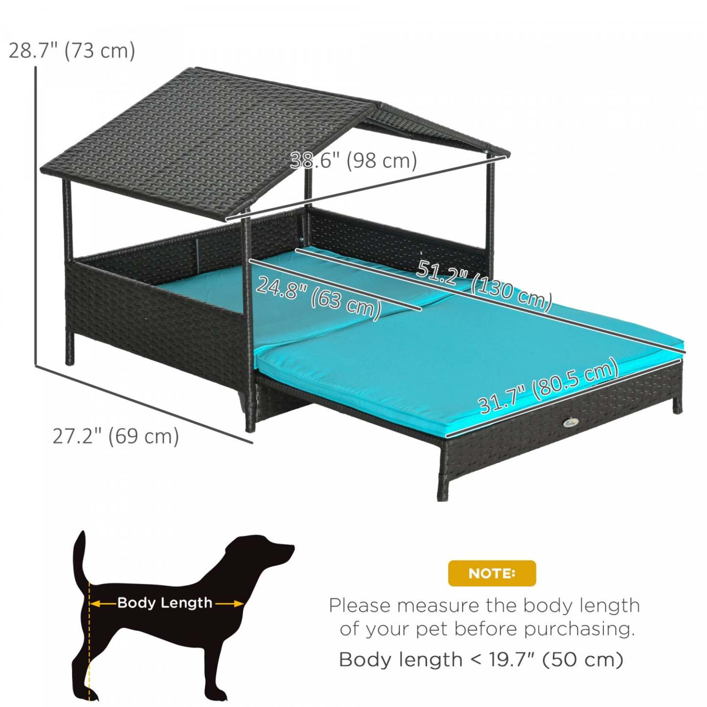 Pawhut Niche Pour Chien En Rotin Élevée Pour Extérieur Avec Toit, Lit En Osier Extensible Résistant à L'eau