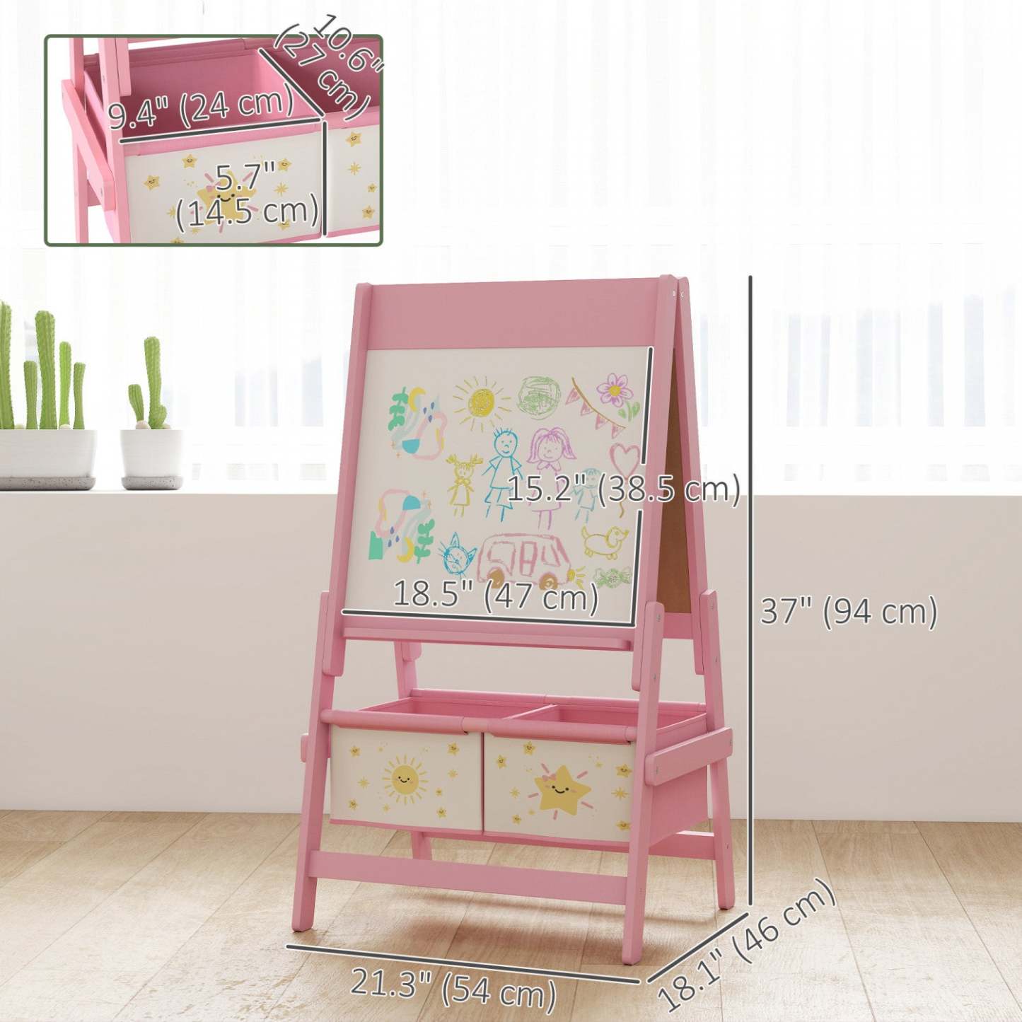 Qaba Art Easel pour enfants, chevalet double face 3-en-1 avec rouleau de papier, tableau blanc et tableau noir, 2 boîtes de rangement, cadeau pour garçons et filles de 3 à 8 ans, rose