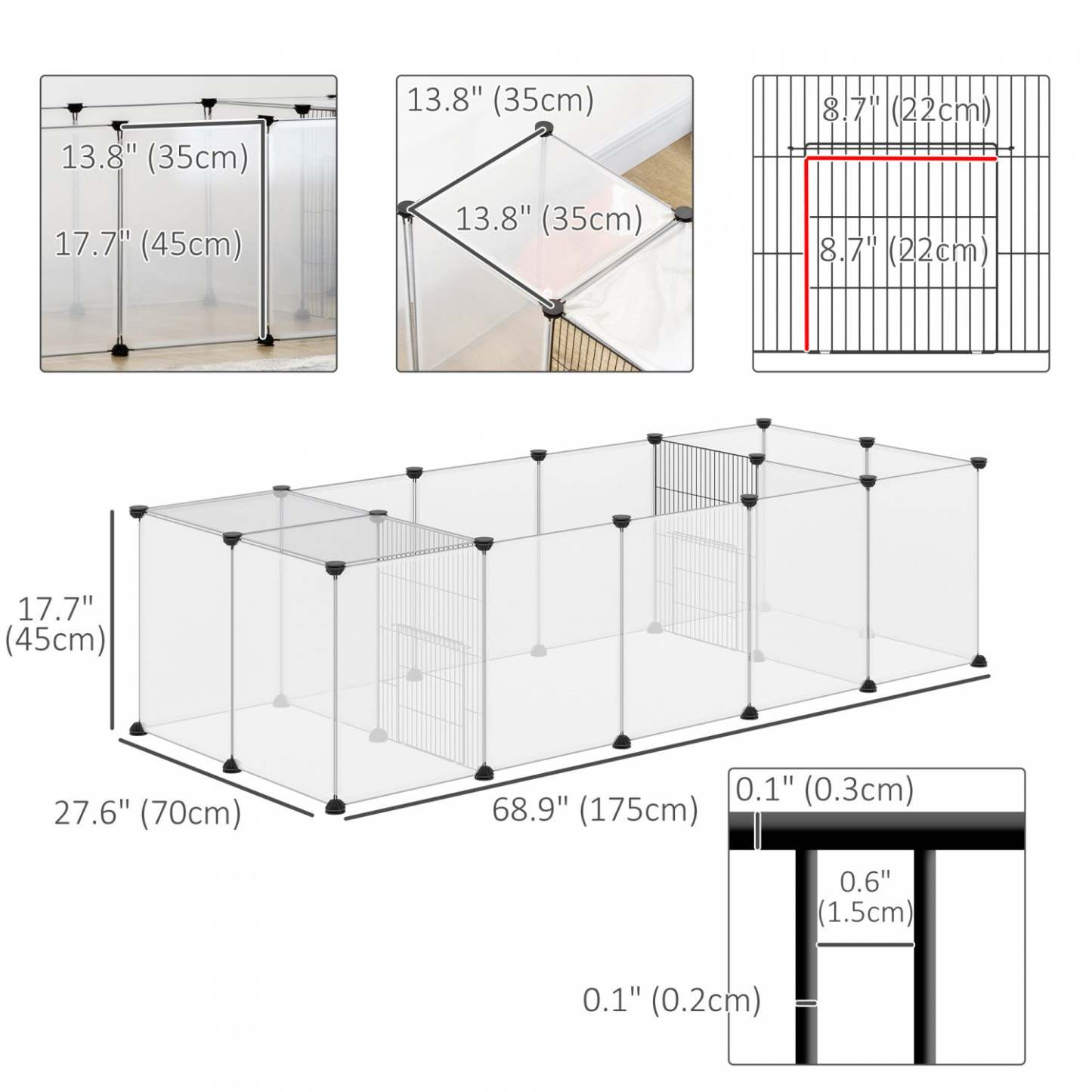 Pawhut 20 panneaux en DIY pour parc de jeux pour animaux de compagnie, cage pour petits animaux avec porte, couverture supérieure, clôture intérieure pour cochon d'Inde, hérisson, lapin, 69 X 28 X 18, blanc