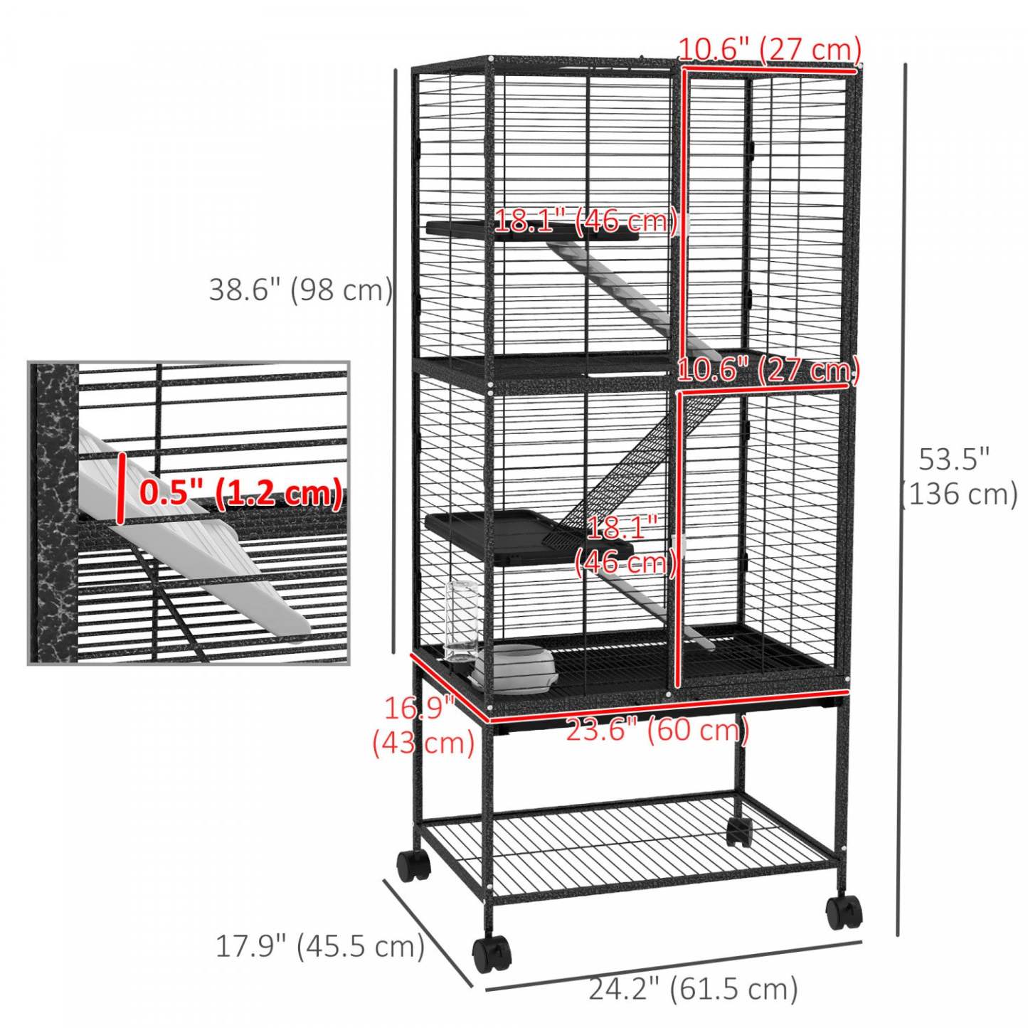 Pawhut Petite Cage Pour Animaux Avec Roues, Parc Pour Animaux De Compagnie Pour Rat, Chaton, Furets, Chinchillas Avec Fond | Pawhut Cage A Furet Roulant 53,5 Po De Hauteur Pour Petits Animaux, Cage A 4 Niveaux Pour Chinchilla