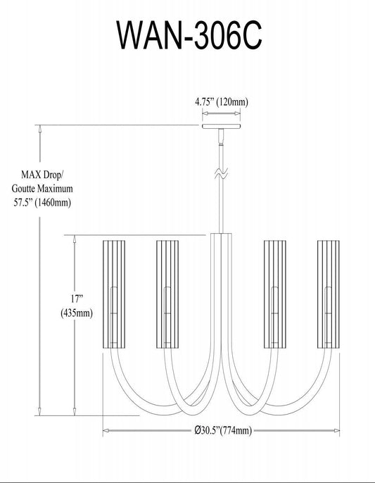 Dainolite Wand 6 Light Chandelier Matte Black/Aged Brass Frosted Glass Lamp|Lustre Wand de Dainolite en verre givré, avec fini noir mat et laiton vieilli et 6 ampoules