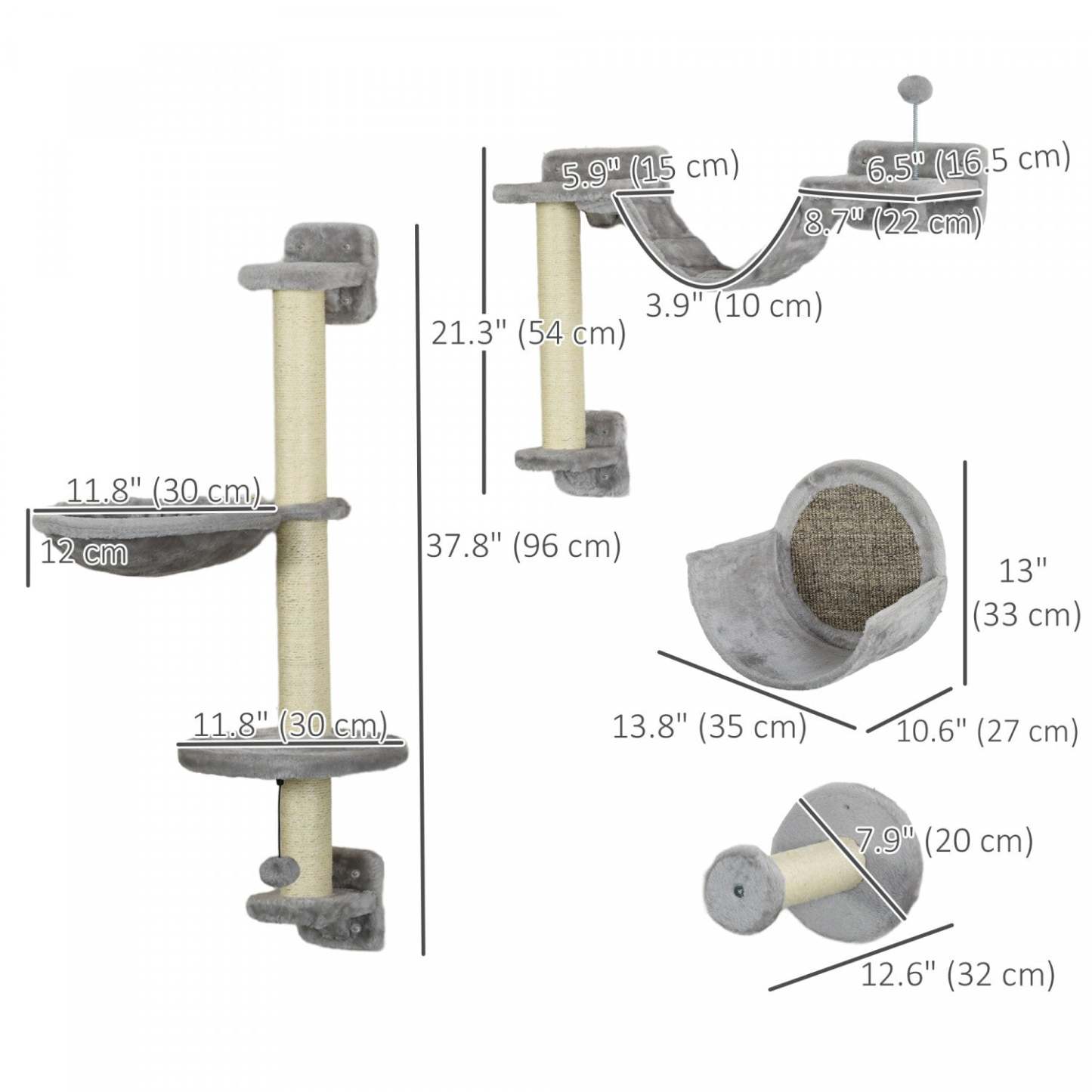 Pawhut Lot De 5 Étagères Murales Pour Chat Avec Hamac, Griffoirs, Perchoirs, Échelle, Meubles Muraux