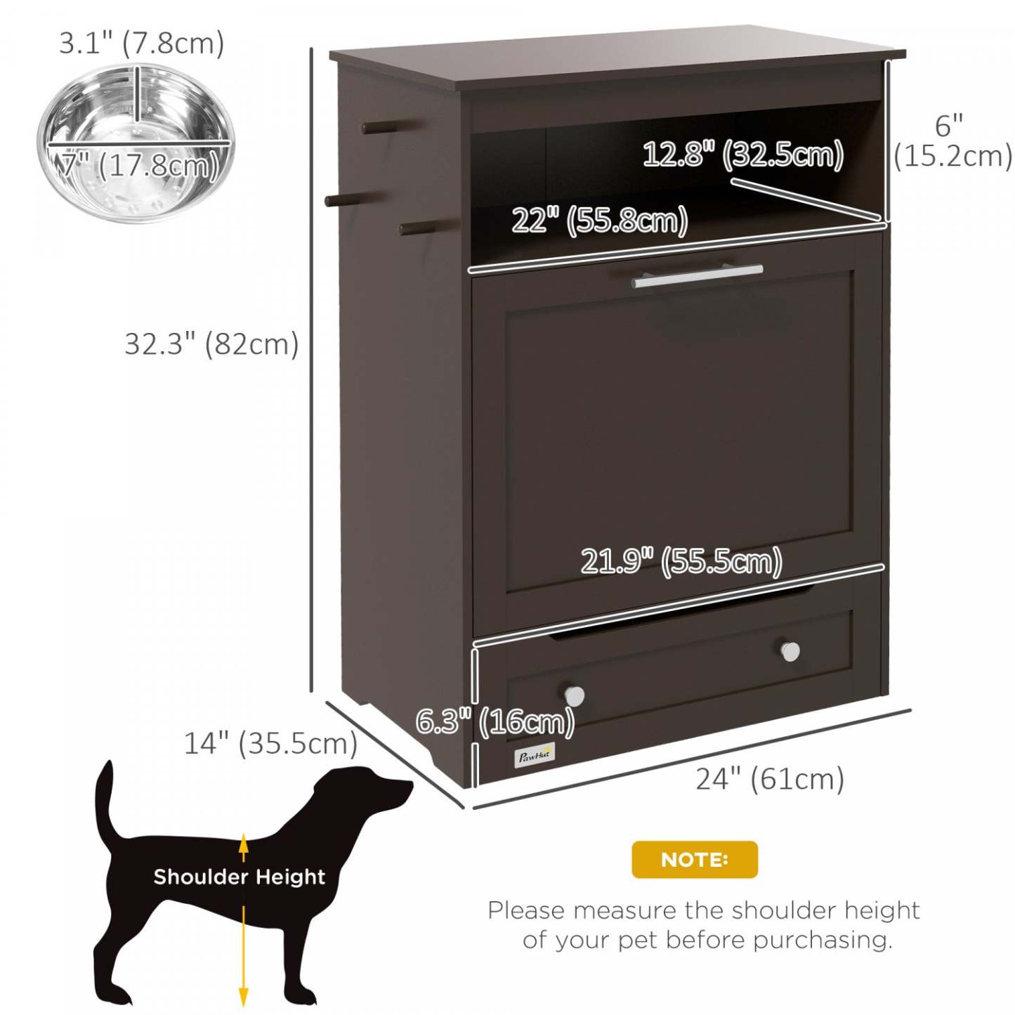 Pawhut Station D'alimentation Pour Animaux De Compagnie, Armoire De Stockage De Nourriture Pour Chien Avec Bols Élevés Pour Chien Et Accroche