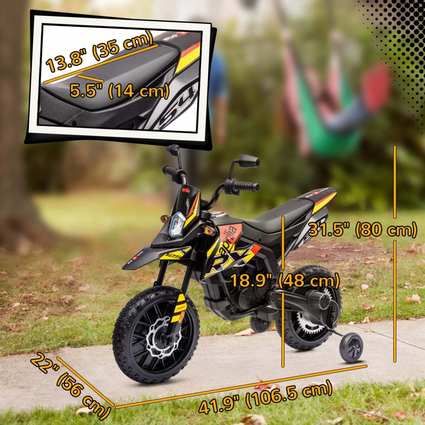 Qaba Moto Électrique pour Enfants 12v, Moto Tout-Terrain Alimentée par Batterie Licenciée Aprilia avec Roues d'Apprentissage, Suspension à Ressort, Phare, Musique, Pour Garçons et Filles Âgés de 3 à 8 Ans, Jaune
