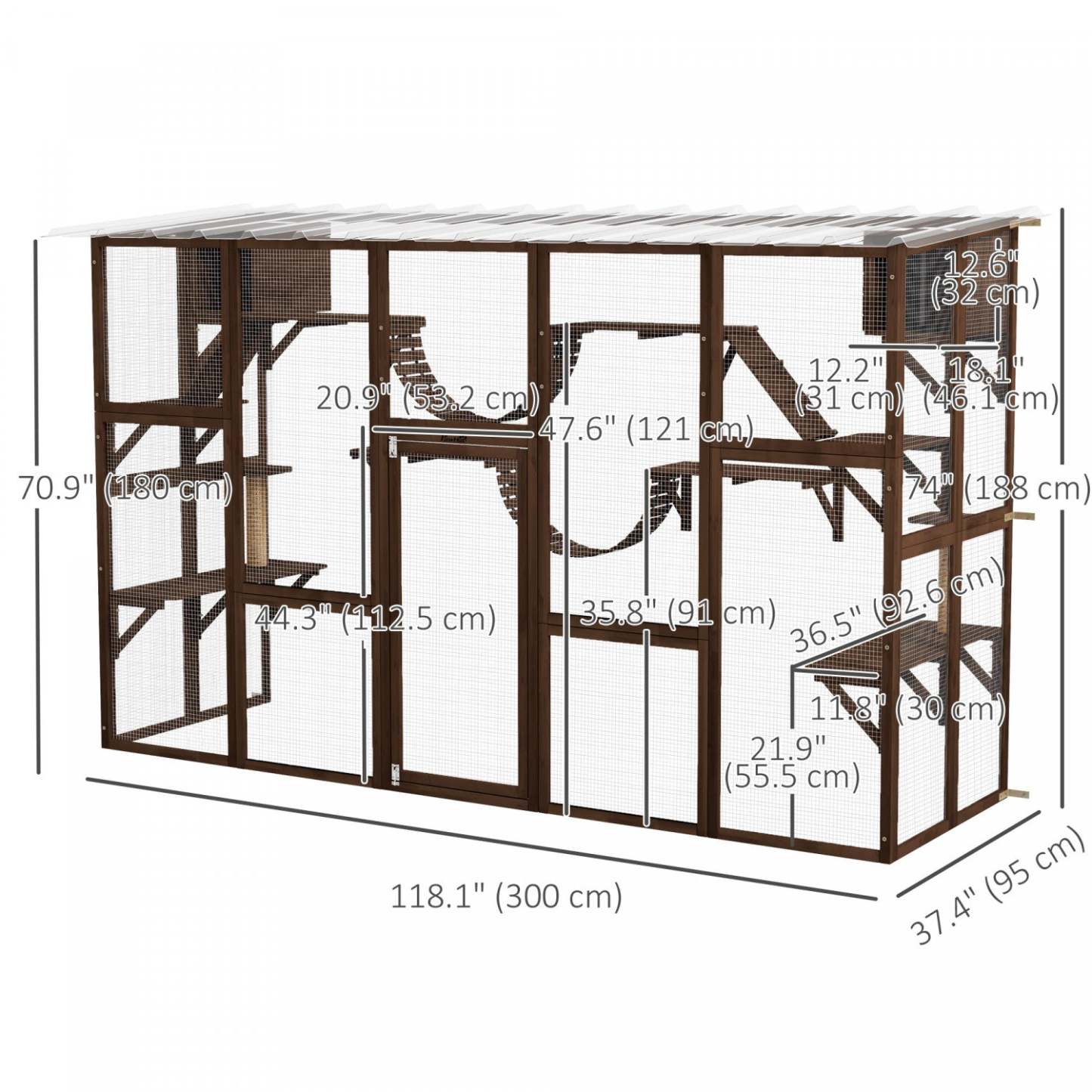 Pawhut Catio, grande enceinte extérieure pour chats avec condos pour chats, plateformes, échelles, portes, toit résistant aux intempéries, cage en bois pour 1 à 4 chats, espresso