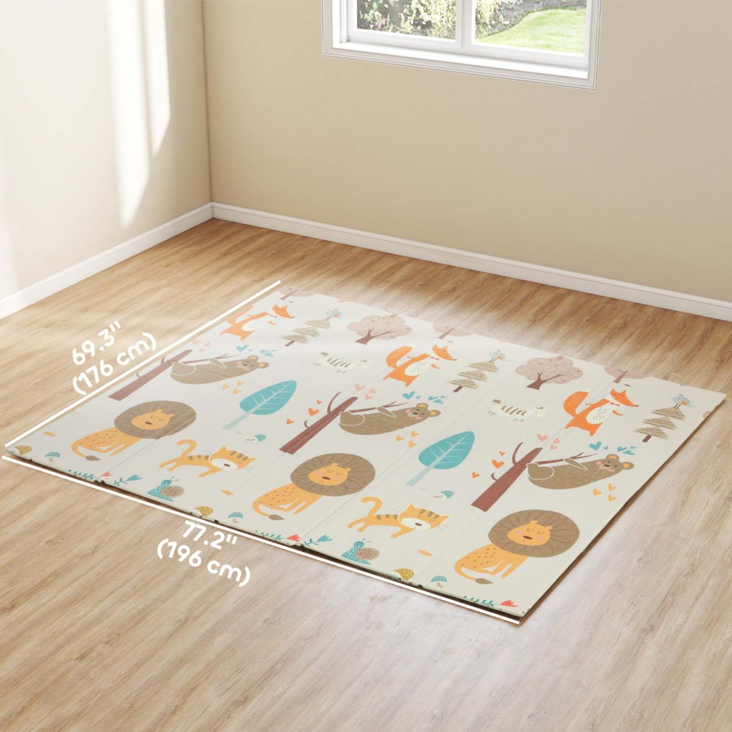 Tapis de jeu Qaba Baby 77 X 69, Tapis de rampe extra large réversible et pliable pour bébés et tout-petits, Tapis de sol en mousse imperméable pour nourrissons, Thème animalier