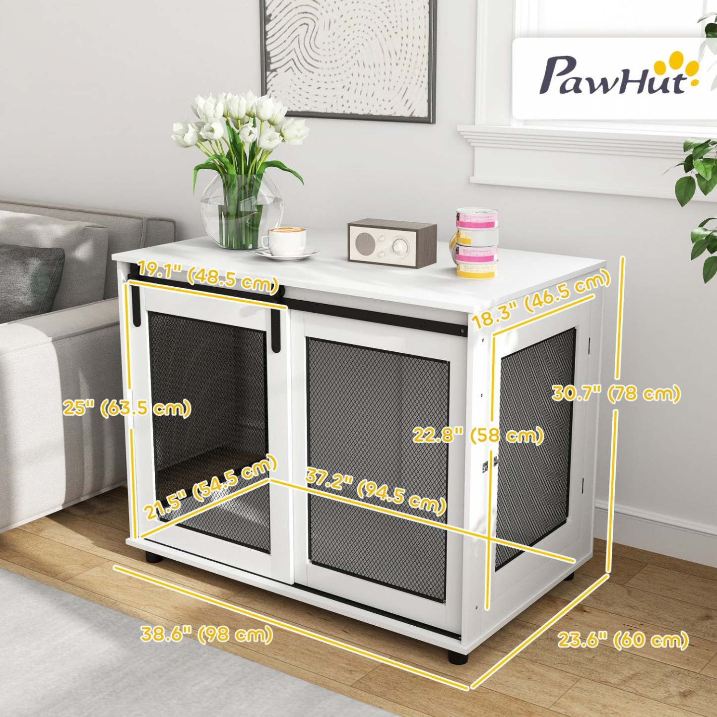 Pawhut Meuble Pour Cage De Chien, 39 Table D'Extrémité De Niche Pour Chien Avec Porte Coulissante,