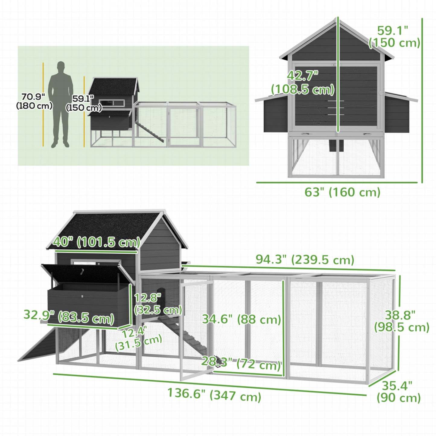 Pawhut 137 Poulailler, Grande Maison en Bois pour Poules avec Enclos, Boîte de Nidification, Cage pour Volaille pour Extérieur, Jardin, Gris