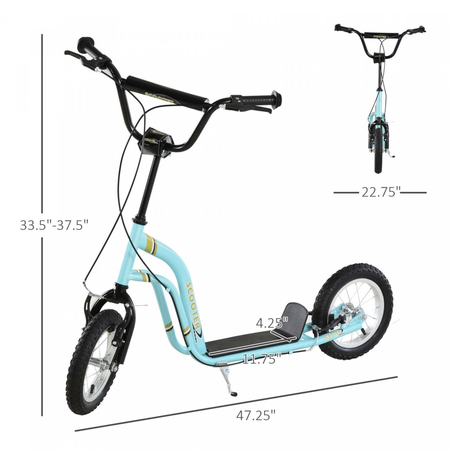 Aosom Trottinette Pour Enfants Avec Roue Gonflable En Caoutchouc De 12'', Trottinette Pour Adolescents Pour Enfants De 5 Ans Et Plus Avec |Aosom Trottinette Pour Enfants Scooter Roues Avant Et Arrière Étrier Double Freins 12 Pouces Gonflables