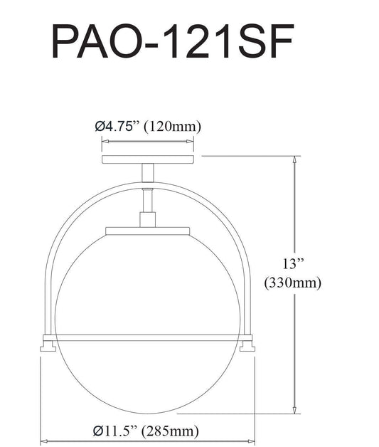 Dainolite Paola 1 Light Semi-flush Mount Aged Brass White Opal Glass Lamp|Plafonnier semi-affleuré Paola de Dainolite en verre blanc opale, avec fini laiton vieilli et 1 ampoule