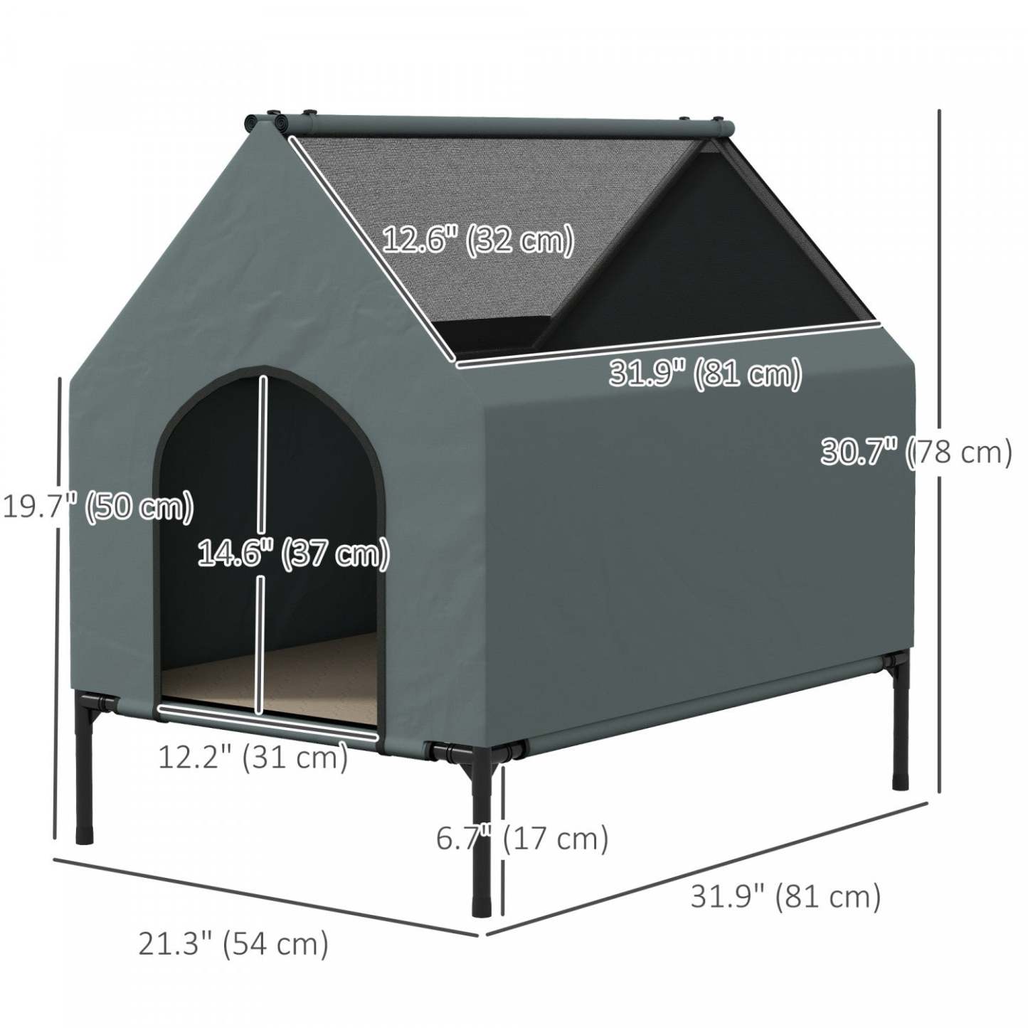 Pawhut Niche D'exterieur Pour Chien Surelevee Avec Housse Amovible, Fenetres En Maille, Sac De Range|Pawhut Dog House Outdoor, Lit pour chien surélevé avec housse amovible, fenêtres en maille, sac de rangement