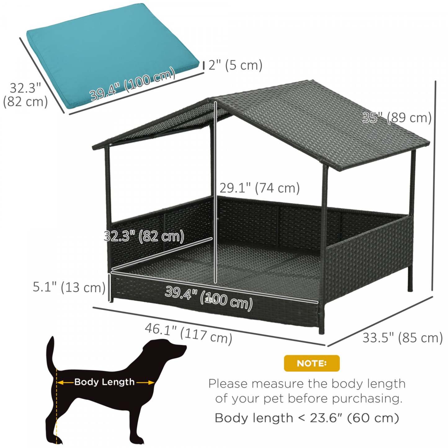 Pawhut Niche D'extérieur En Rotin Pour Chien Avec Auvent D'ombrage, Lit Sureleve En Osier Avec Coussin Doux Lavable