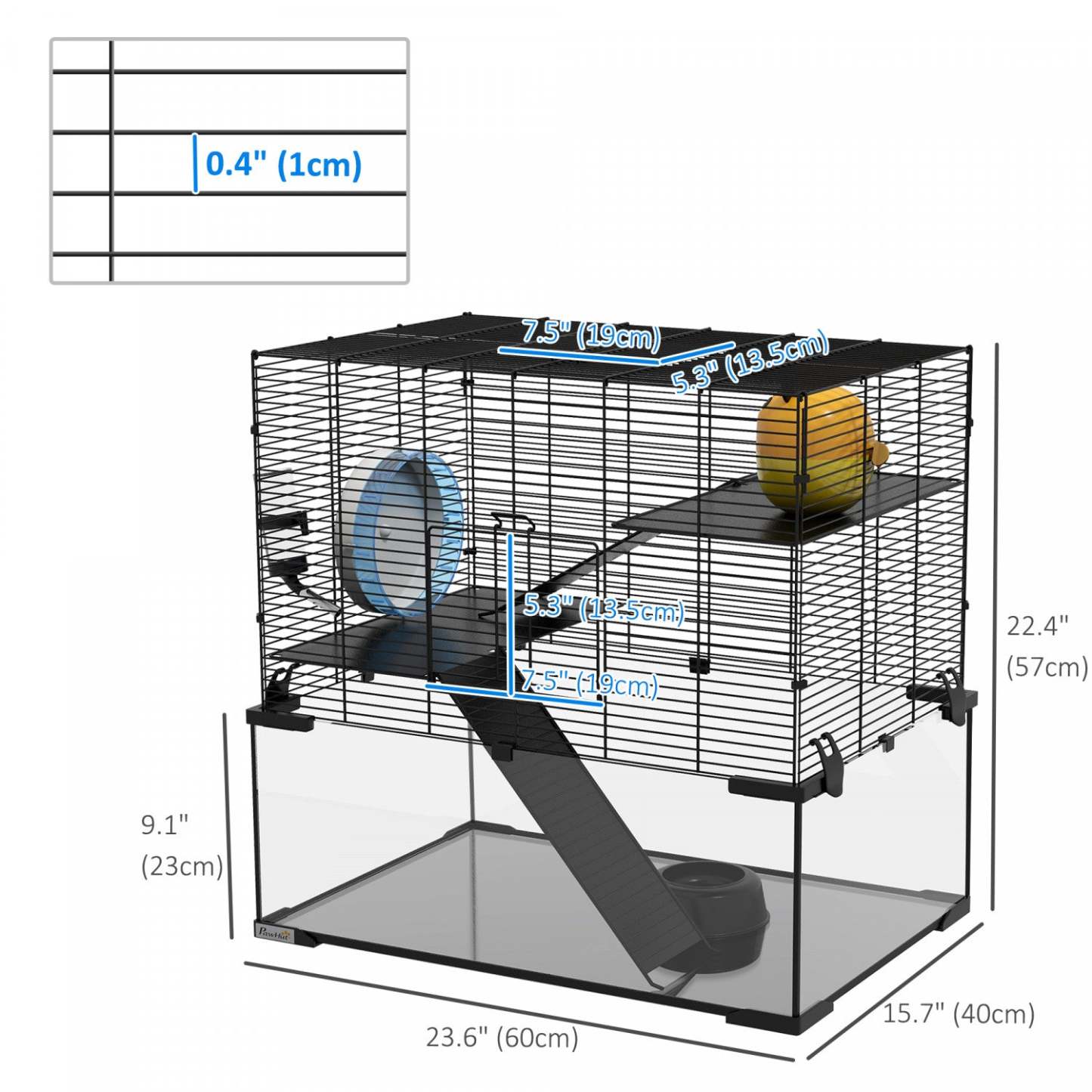 Pawhut Cage à Hamster, Cage à Gerbille Avec Bassin En Verre, Rampes, Plates-formes, Hutte, Roue D'Exercice, Pour Syrien|Pawhut Cage A Hamster 23.6 L X 15.7 L, Cage A Gerbilles Avec Bassin En Verre, Rampes, Plates-forme