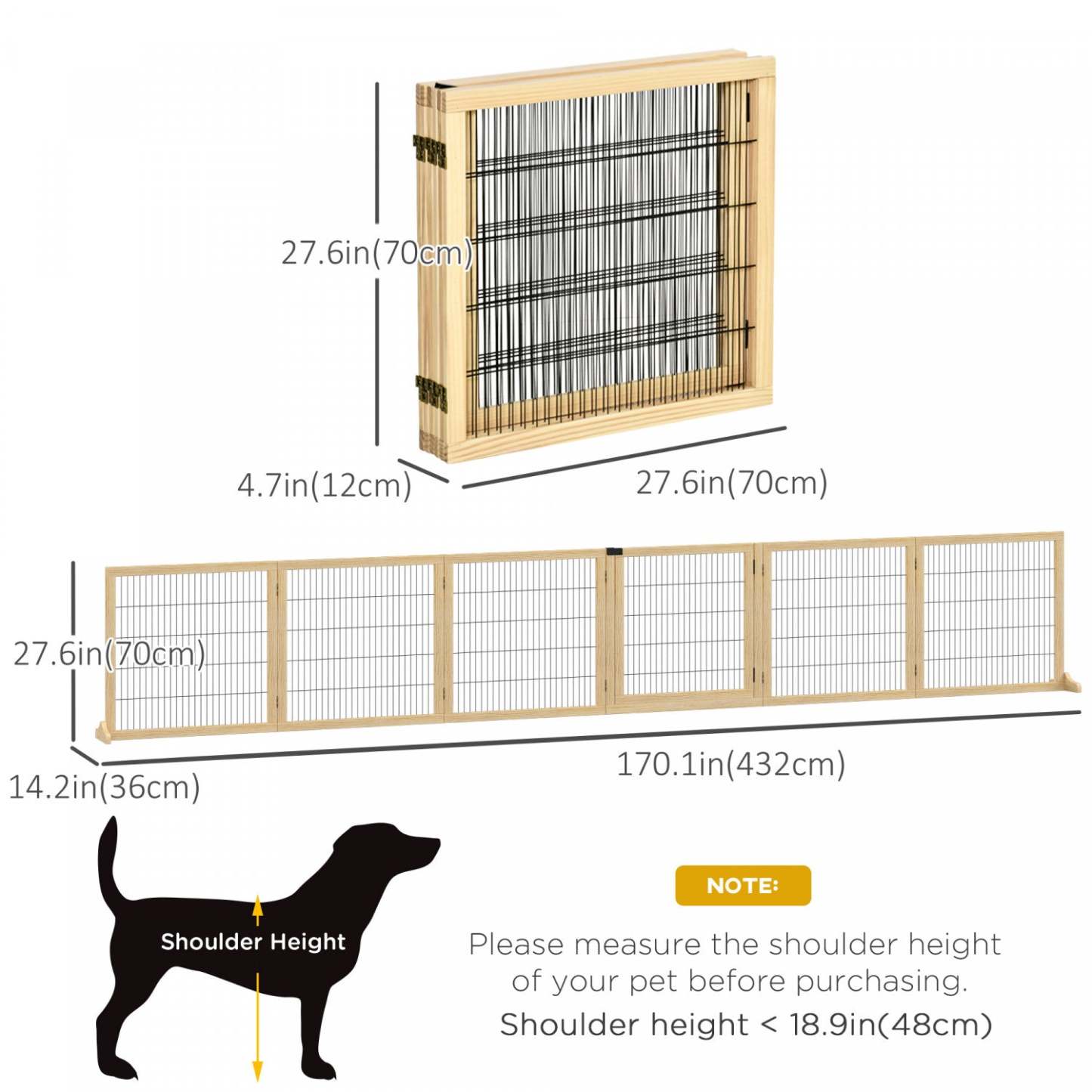 Pawhut Wooden Pet Gate, Dog Safety Barrier, Freestanding Foldable Fence, W/ 6 Panels, 2 Support Feet|Pawhut Barrière de sécurité modulable pliable pour animaux de compagnie avec 2 pieds de support